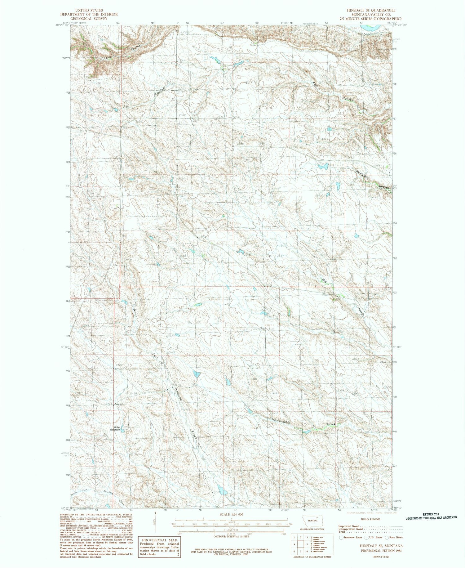 Classic USGS Hinsdale SE Montana 7.5'x7.5' Topo Map Image