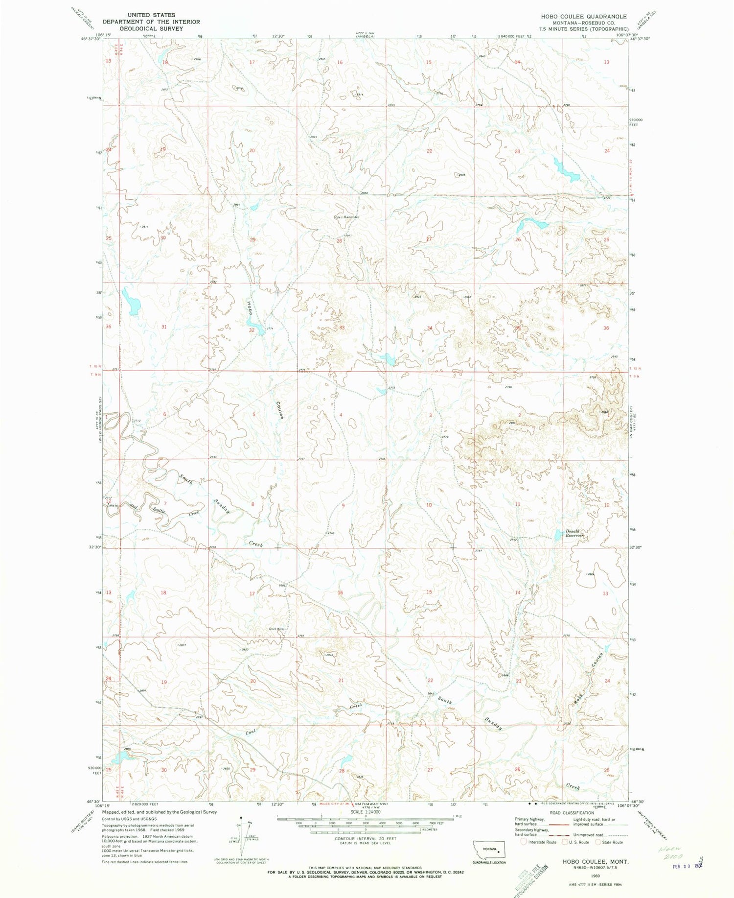 Classic USGS Hobo Coulee Montana 7.5'x7.5' Topo Map Image