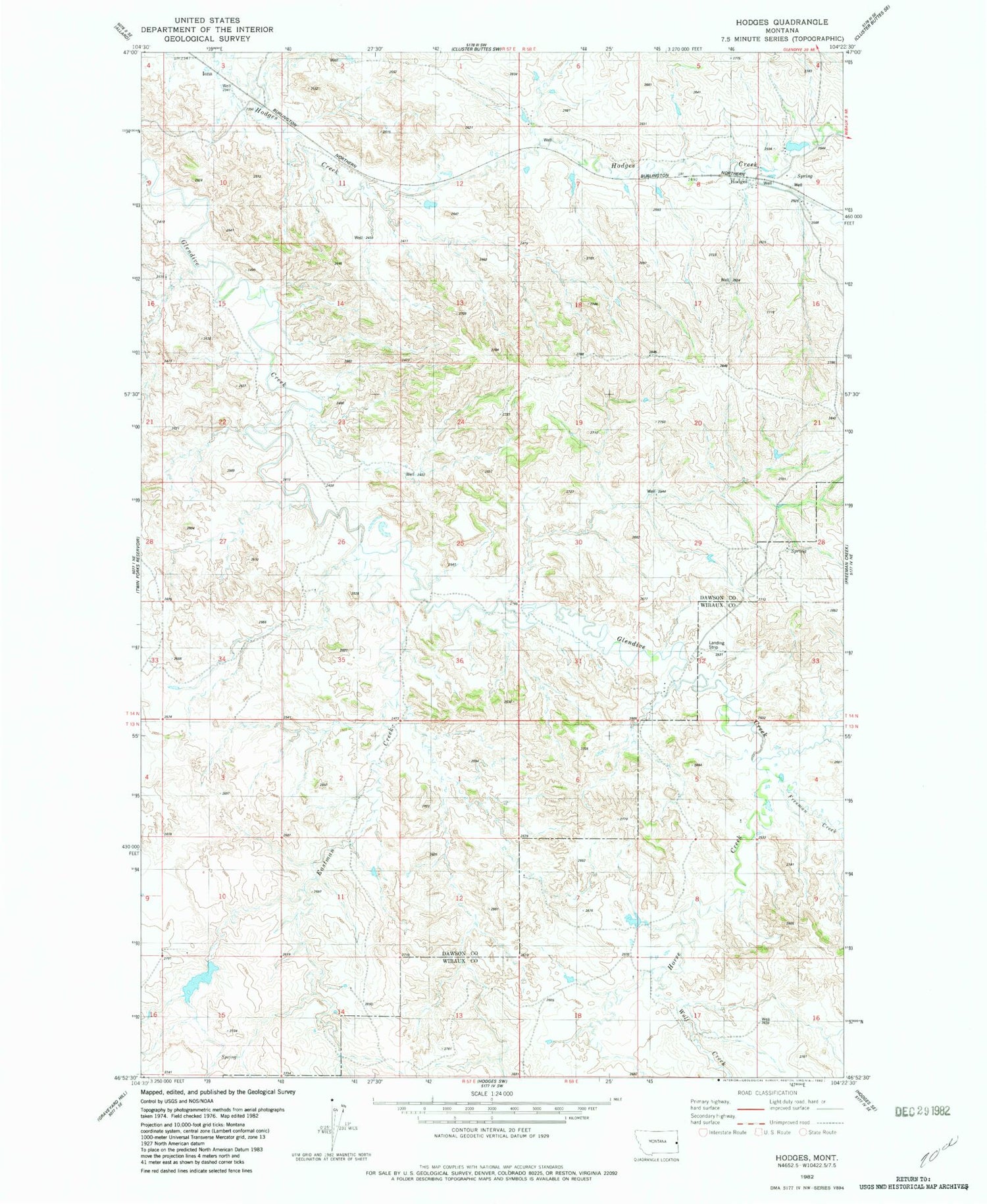 Classic USGS Hodges Montana 7.5'x7.5' Topo Map Image