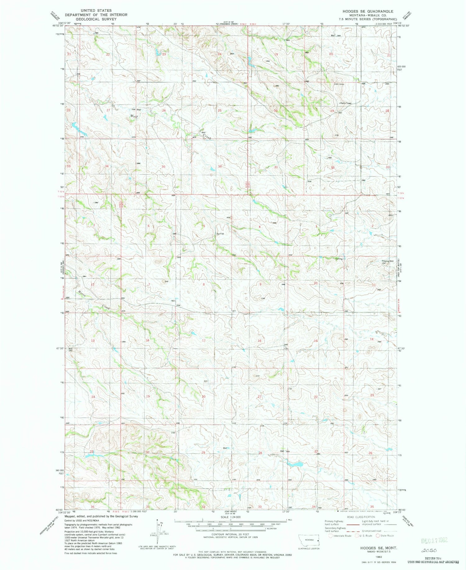 Classic USGS Hodges SE Montana 7.5'x7.5' Topo Map Image