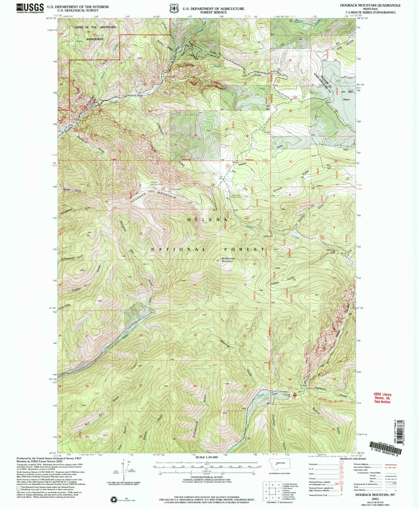 Classic USGS Hogback Mountain Montana 7.5'x7.5' Topo Map Image