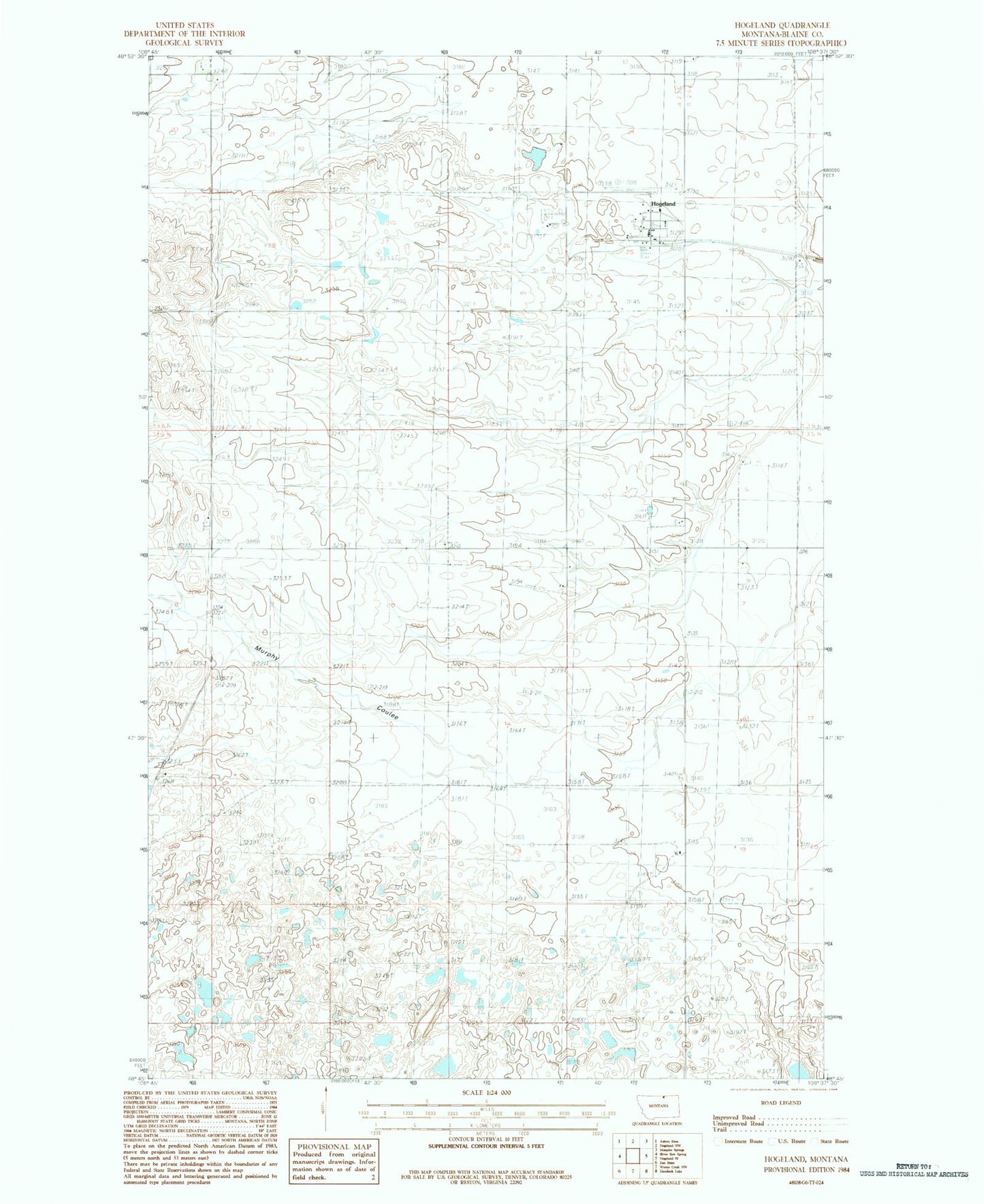 Classic USGS Hogeland Montana 7.5'x7.5' Topo Map Image