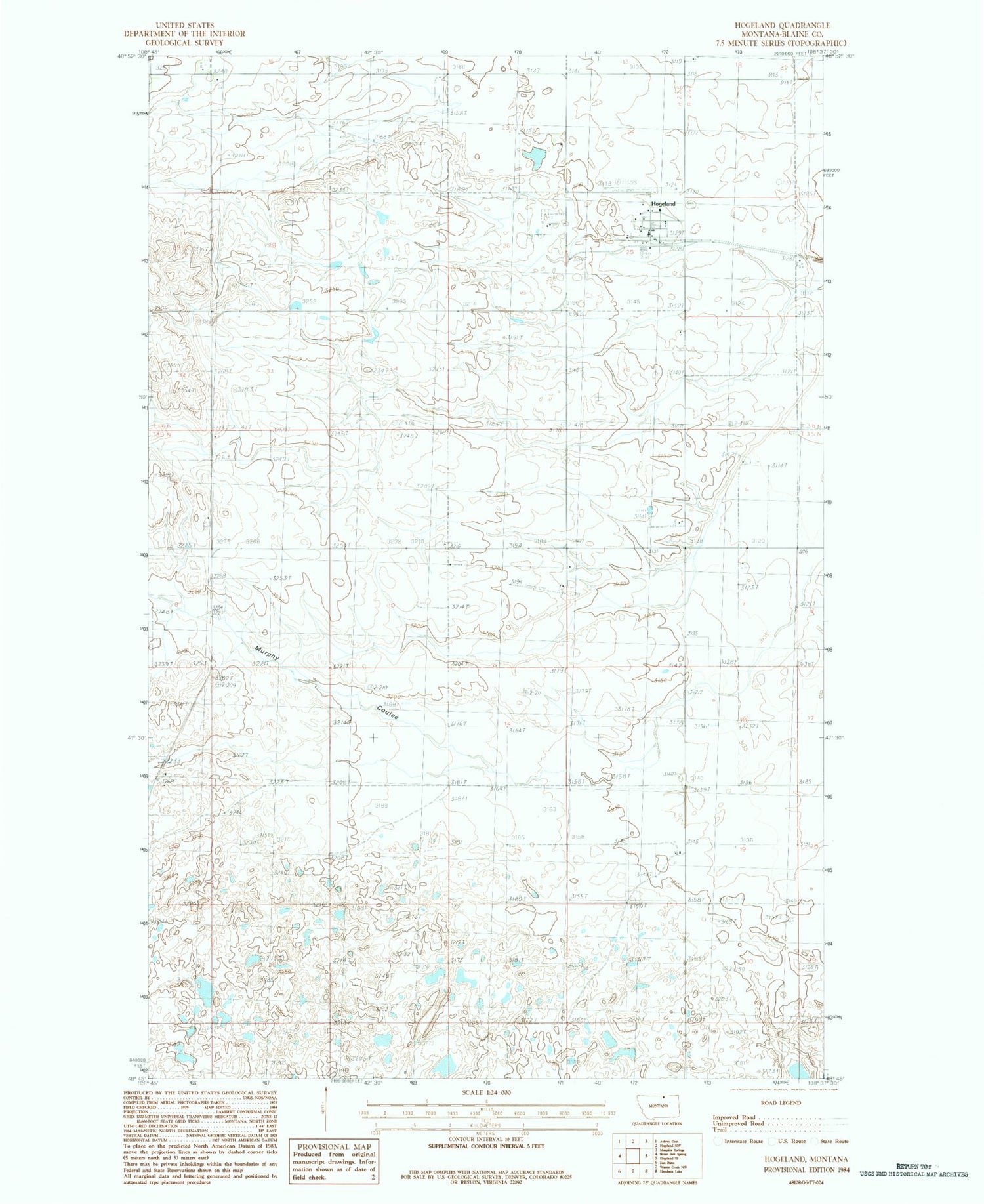 Classic USGS Hogeland Montana 7.5'x7.5' Topo Map Image