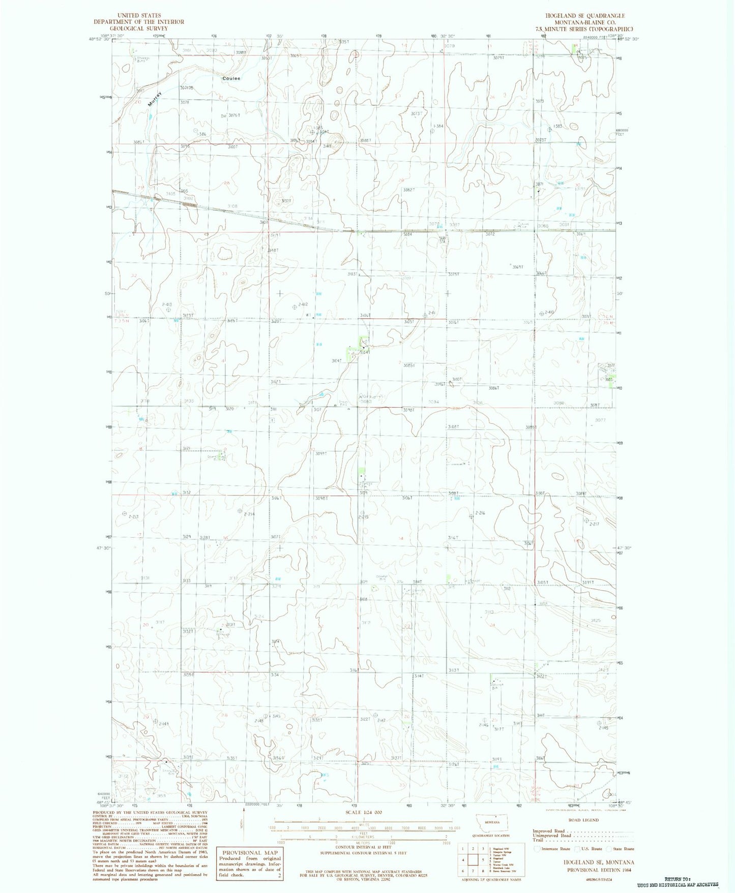 Classic USGS Hogeland SE Montana 7.5'x7.5' Topo Map Image