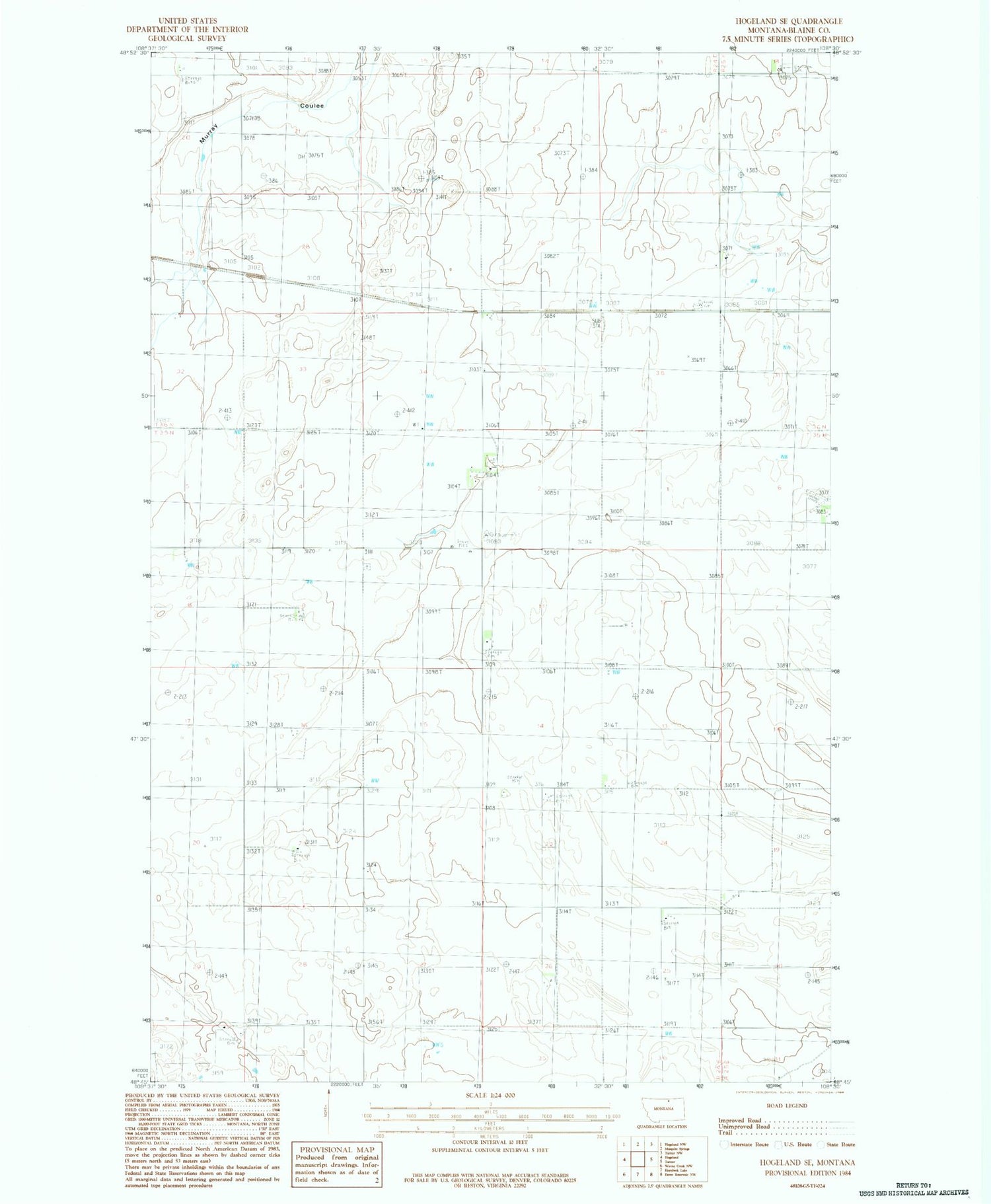 Classic USGS Hogeland SE Montana 7.5'x7.5' Topo Map Image