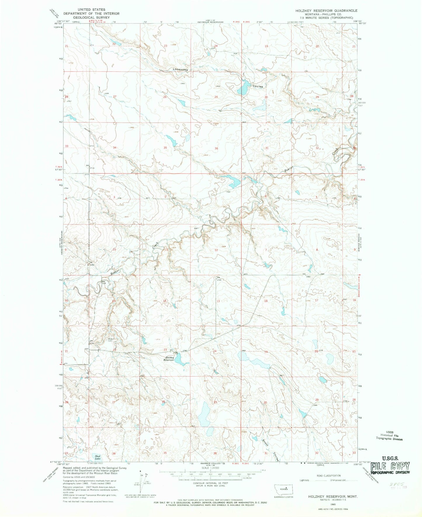 Classic USGS Holzhey Reservoir Montana 7.5'x7.5' Topo Map Image