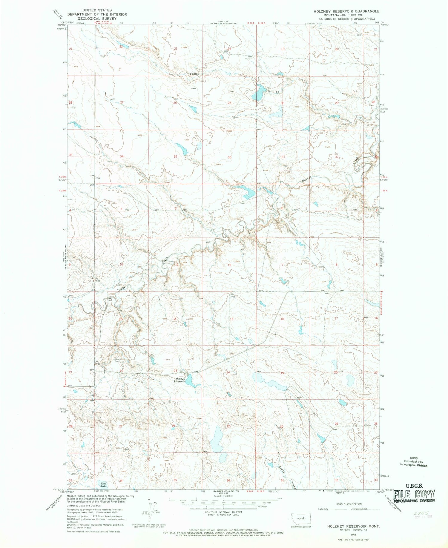Classic USGS Holzhey Reservoir Montana 7.5'x7.5' Topo Map Image