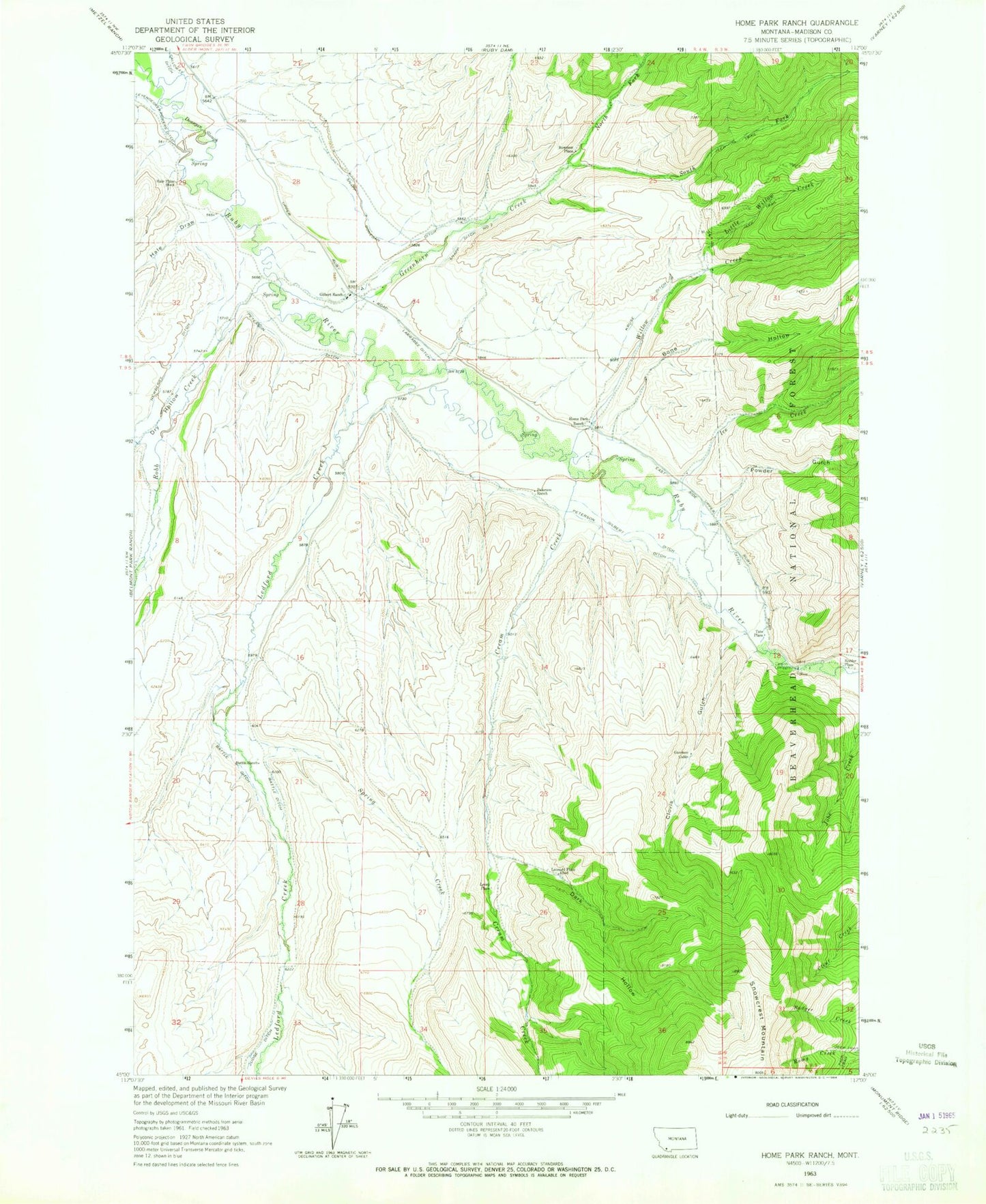 Classic USGS Home Park Ranch Montana 7.5'x7.5' Topo Map Image