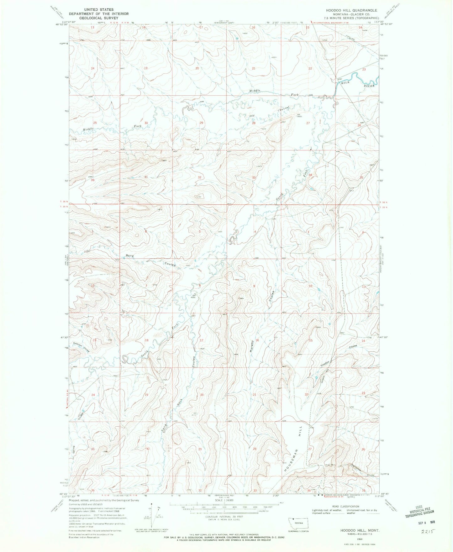 Classic USGS Hoodoo Hill Montana 7.5'x7.5' Topo Map Image
