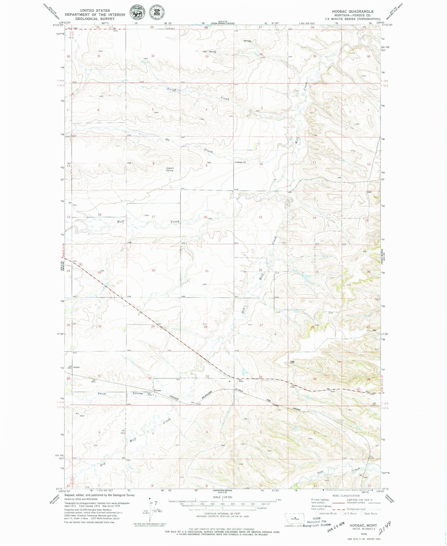 Classic USGS Hoosac Montana 7.5'x7.5' Topo Map Image