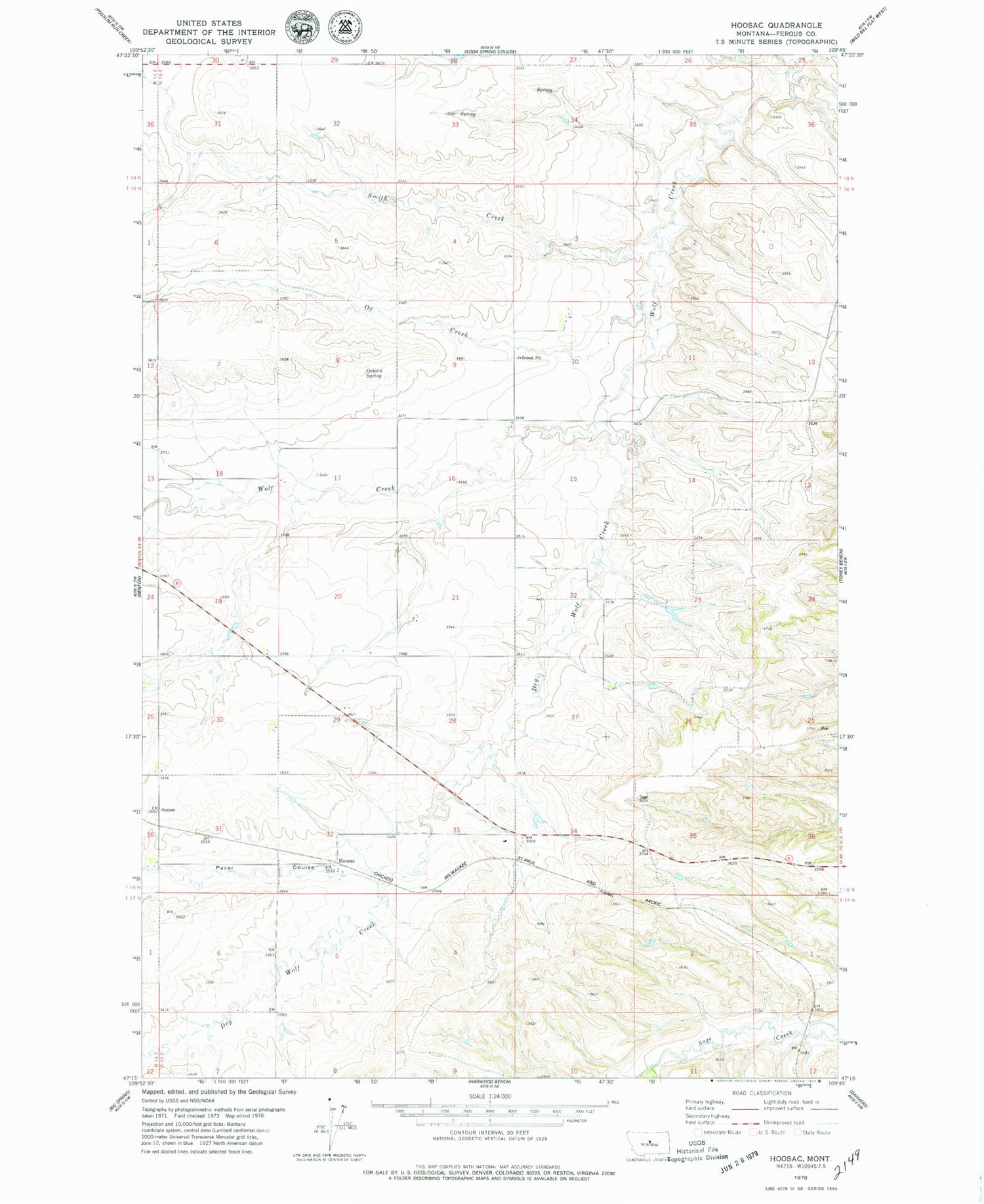 Classic USGS Hoosac Montana 7.5'x7.5' Topo Map Image