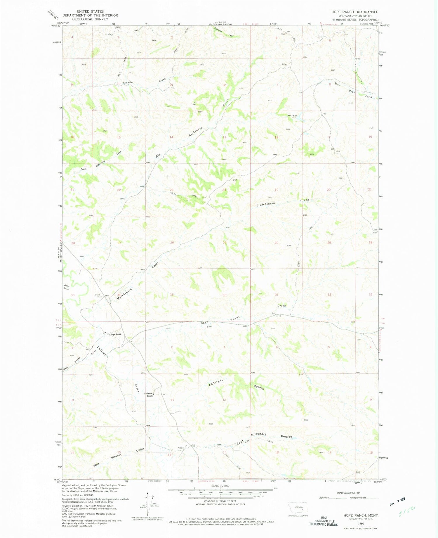 Classic USGS Hope Ranch Montana 7.5'x7.5' Topo Map Image