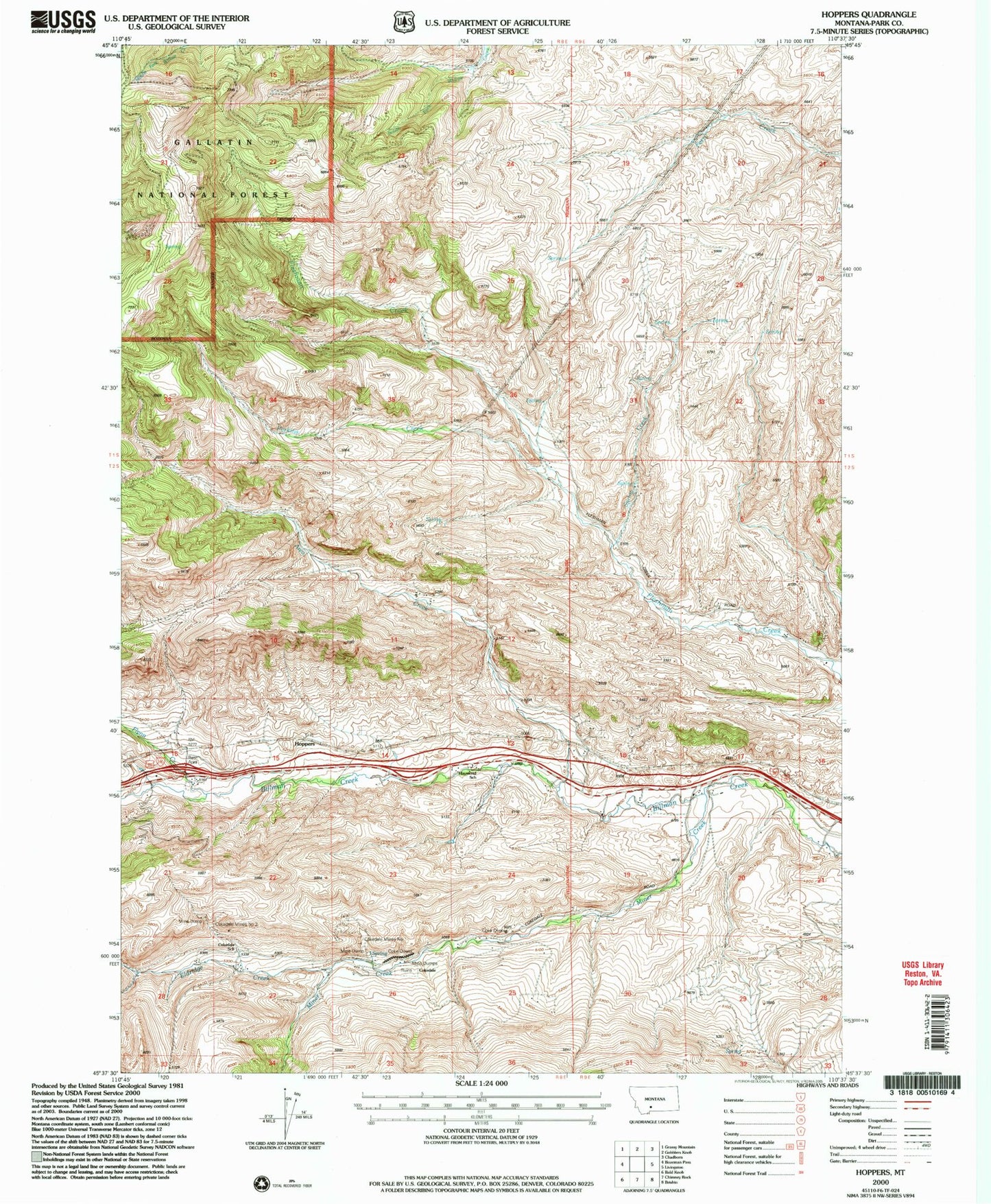 Classic USGS Hoppers Montana 7.5'x7.5' Topo Map Image