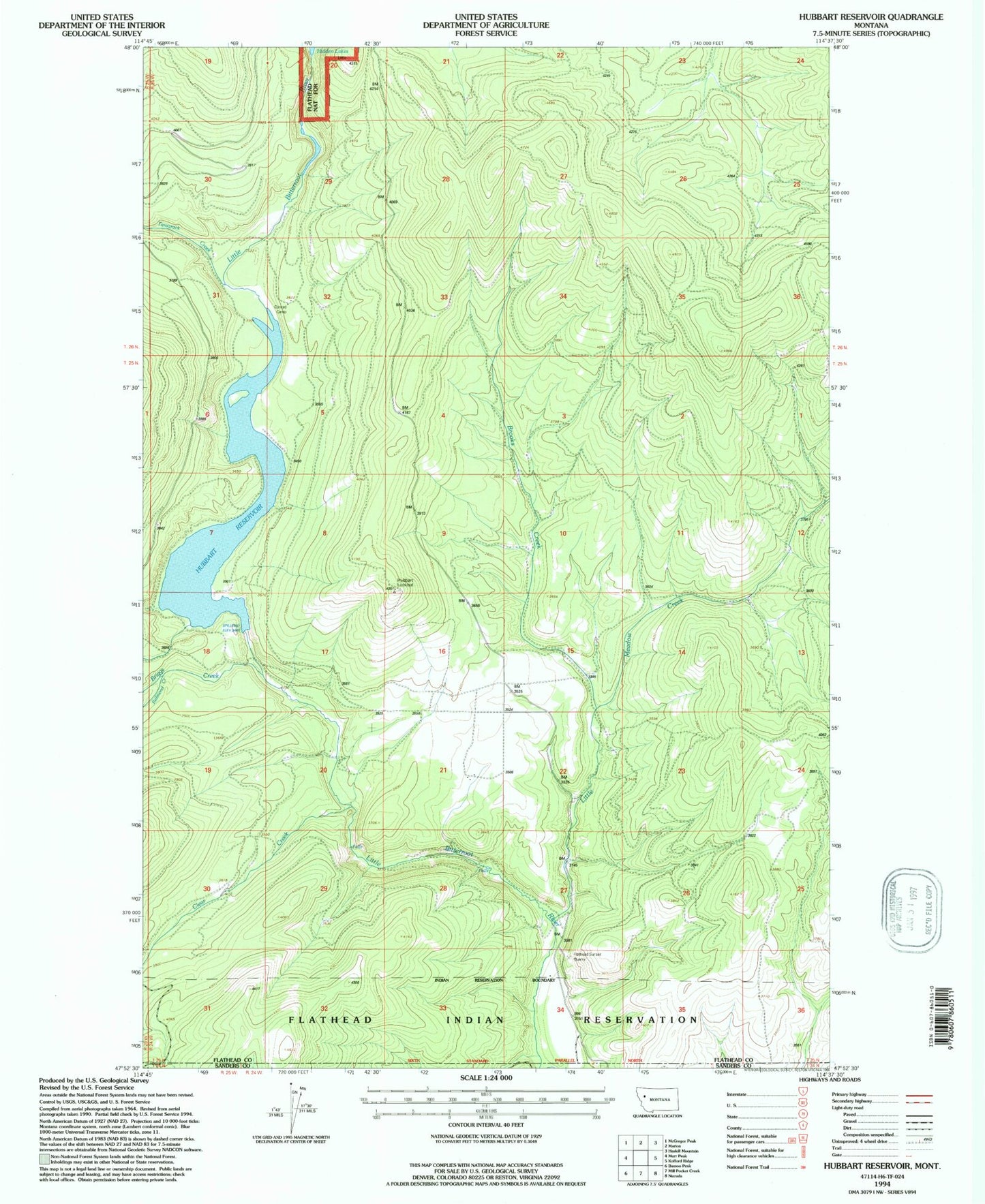 Classic USGS Hubbart Reservoir Montana 7.5'x7.5' Topo Map Image
