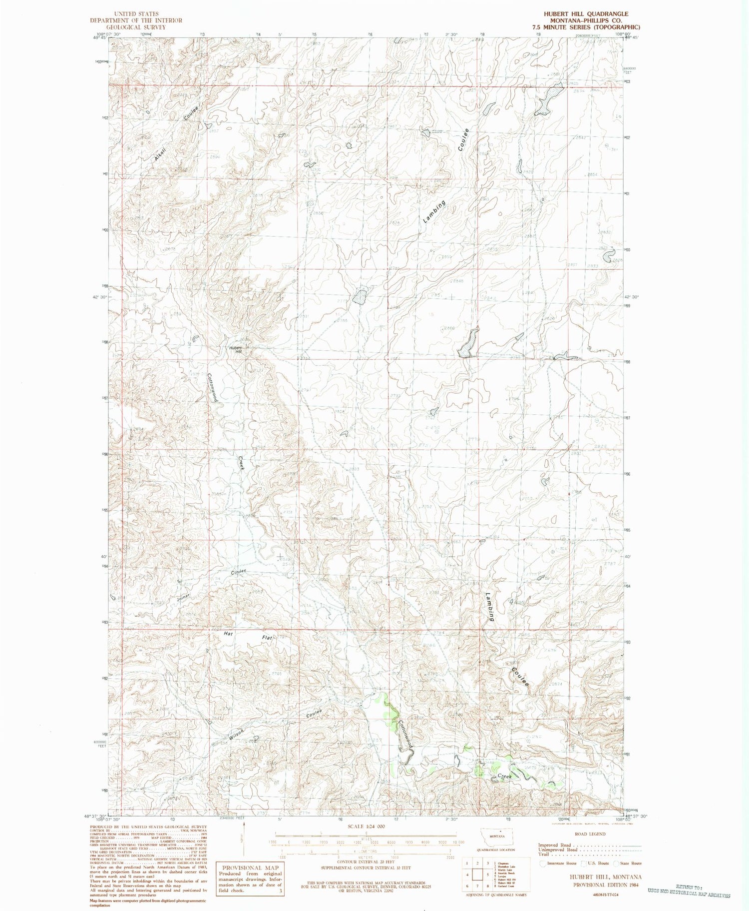 Classic USGS Hubert Hill Montana 7.5'x7.5' Topo Map Image