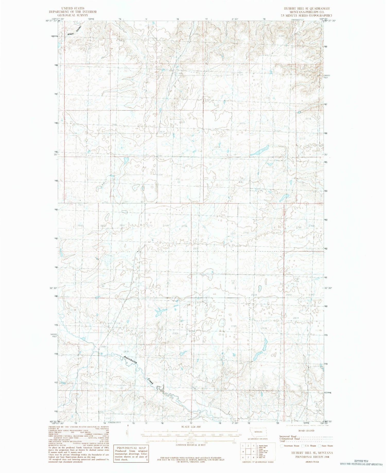 Classic USGS Hubert Hill SE Montana 7.5'x7.5' Topo Map Image