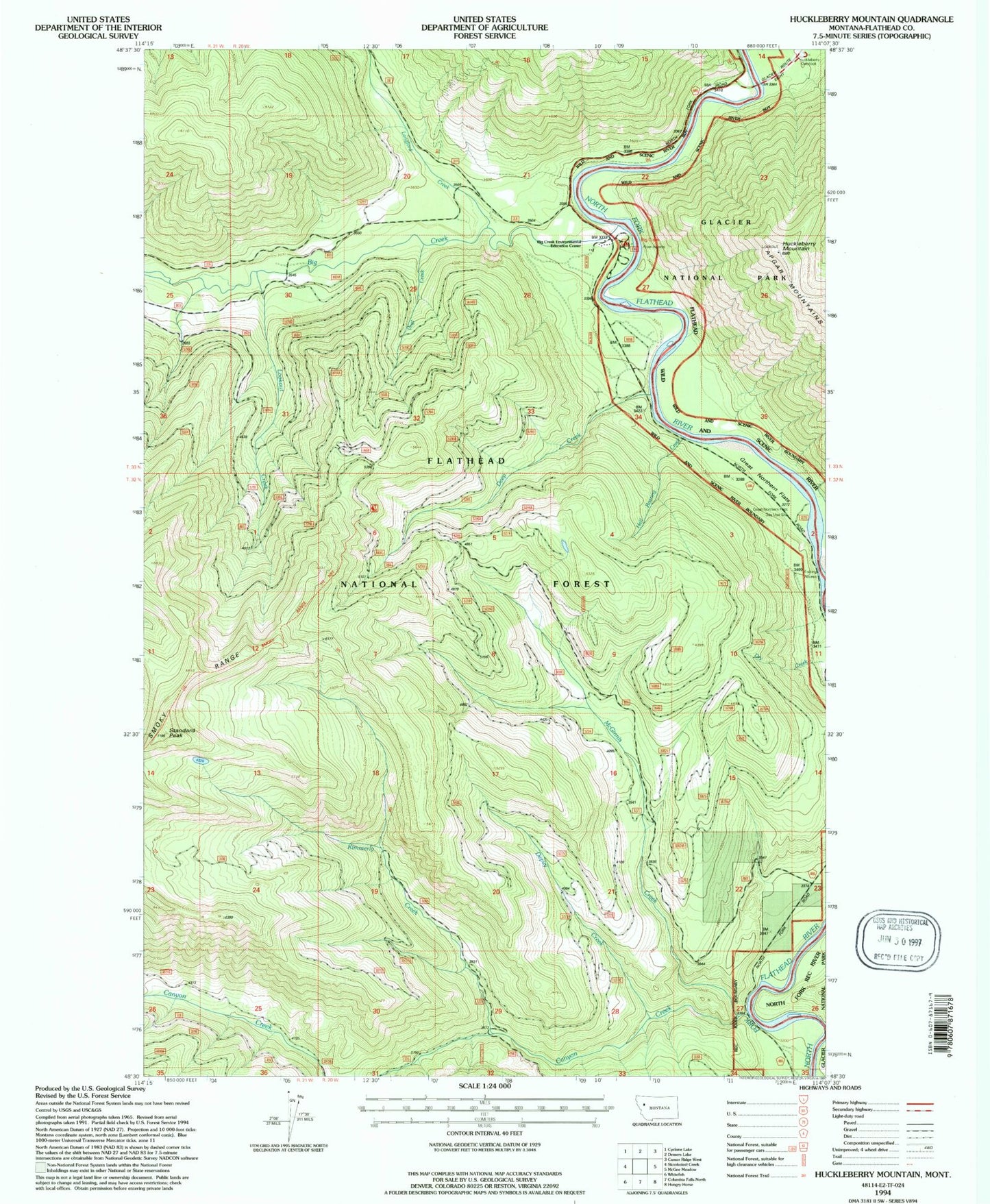 Classic USGS Huckleberry Mountain Montana 7.5'x7.5' Topo Map Image