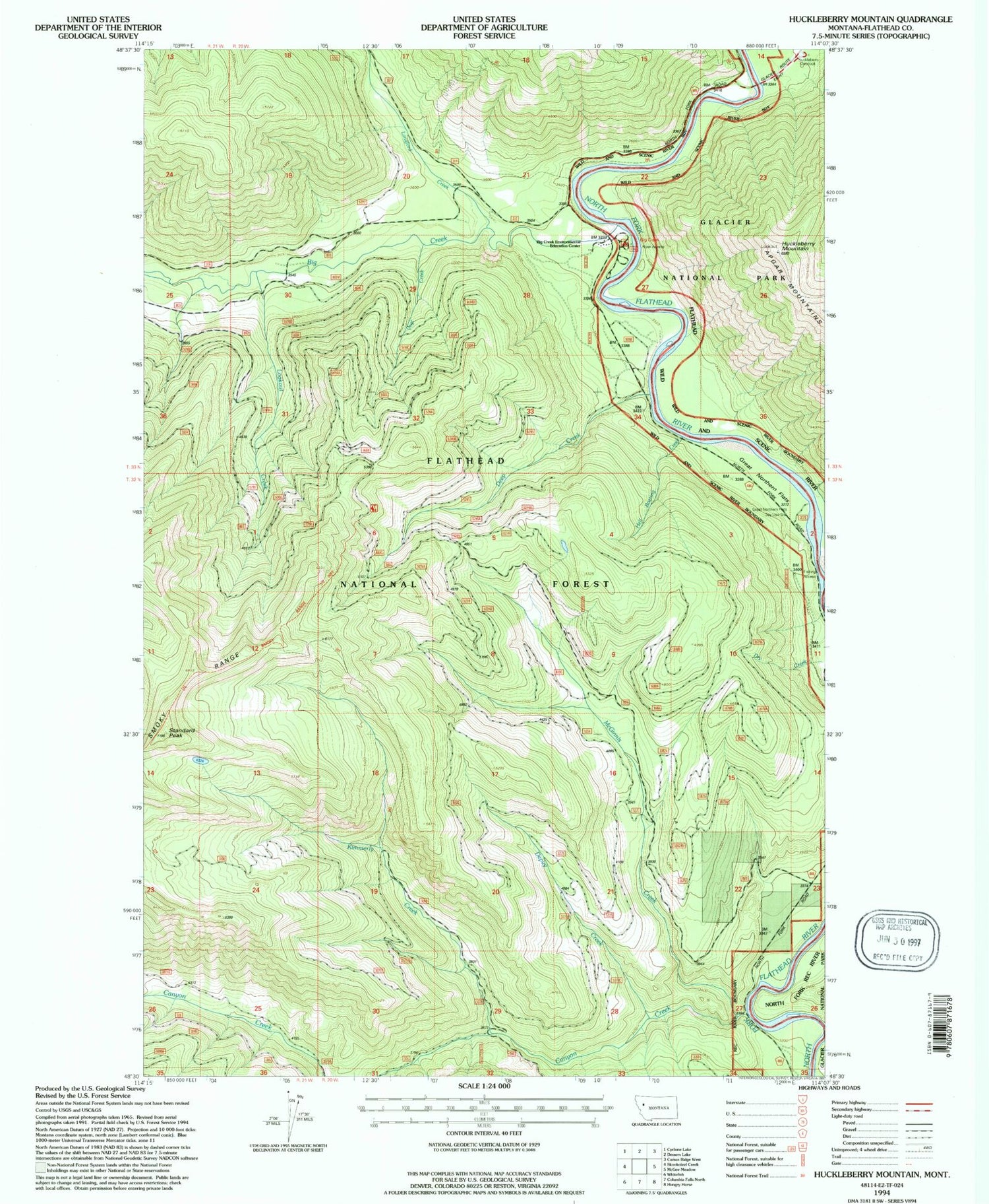 Classic USGS Huckleberry Mountain Montana 7.5'x7.5' Topo Map Image