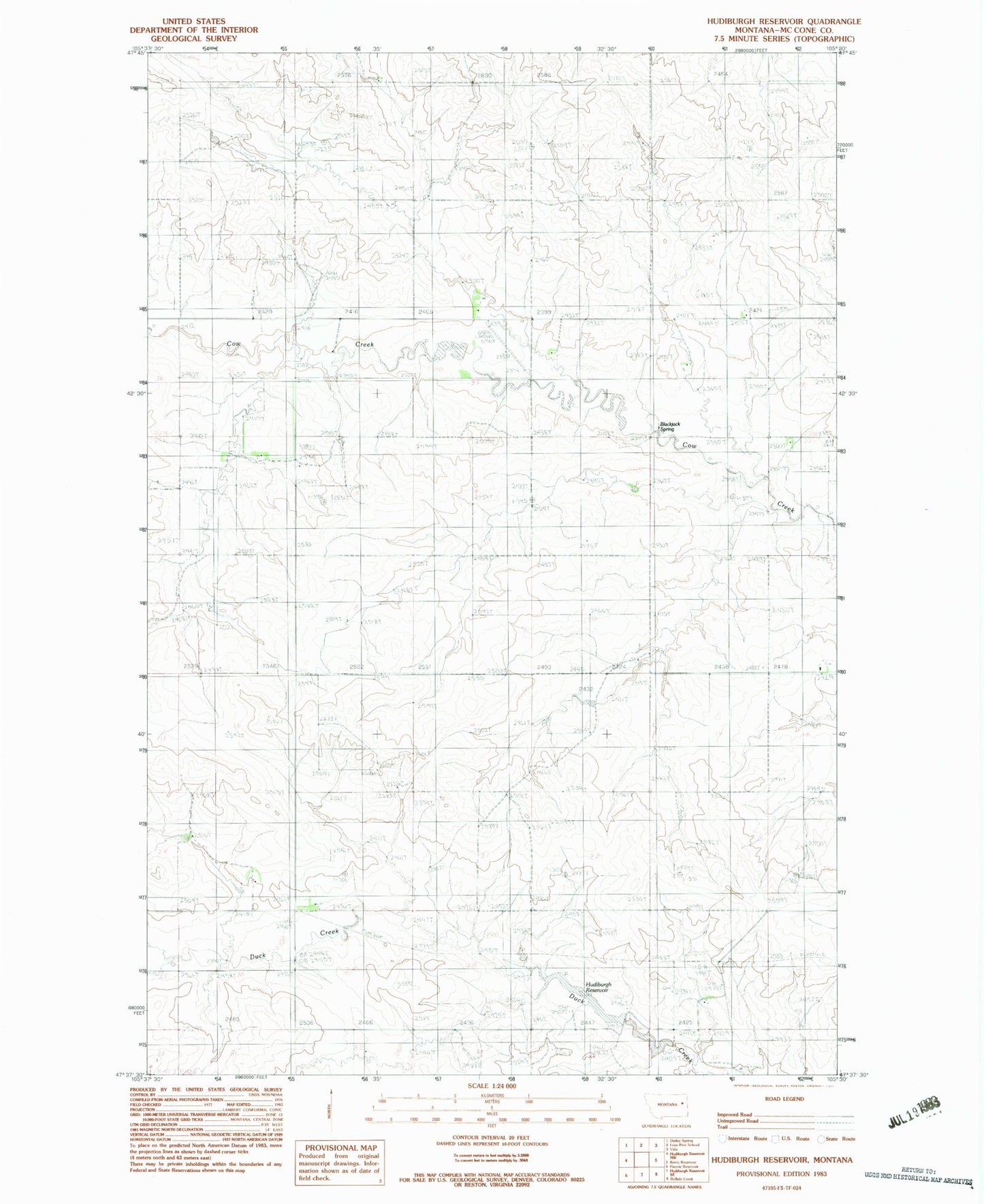 Classic USGS Hudiburgh Reservoir Montana 7.5'x7.5' Topo Map Image