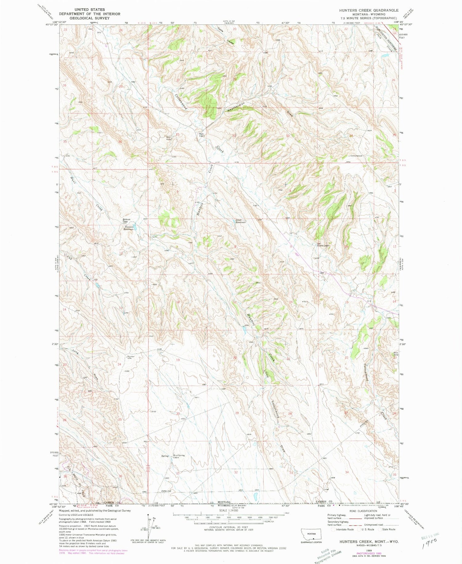 Classic USGS Hunters Creek Montana 7.5'x7.5' Topo Map Image