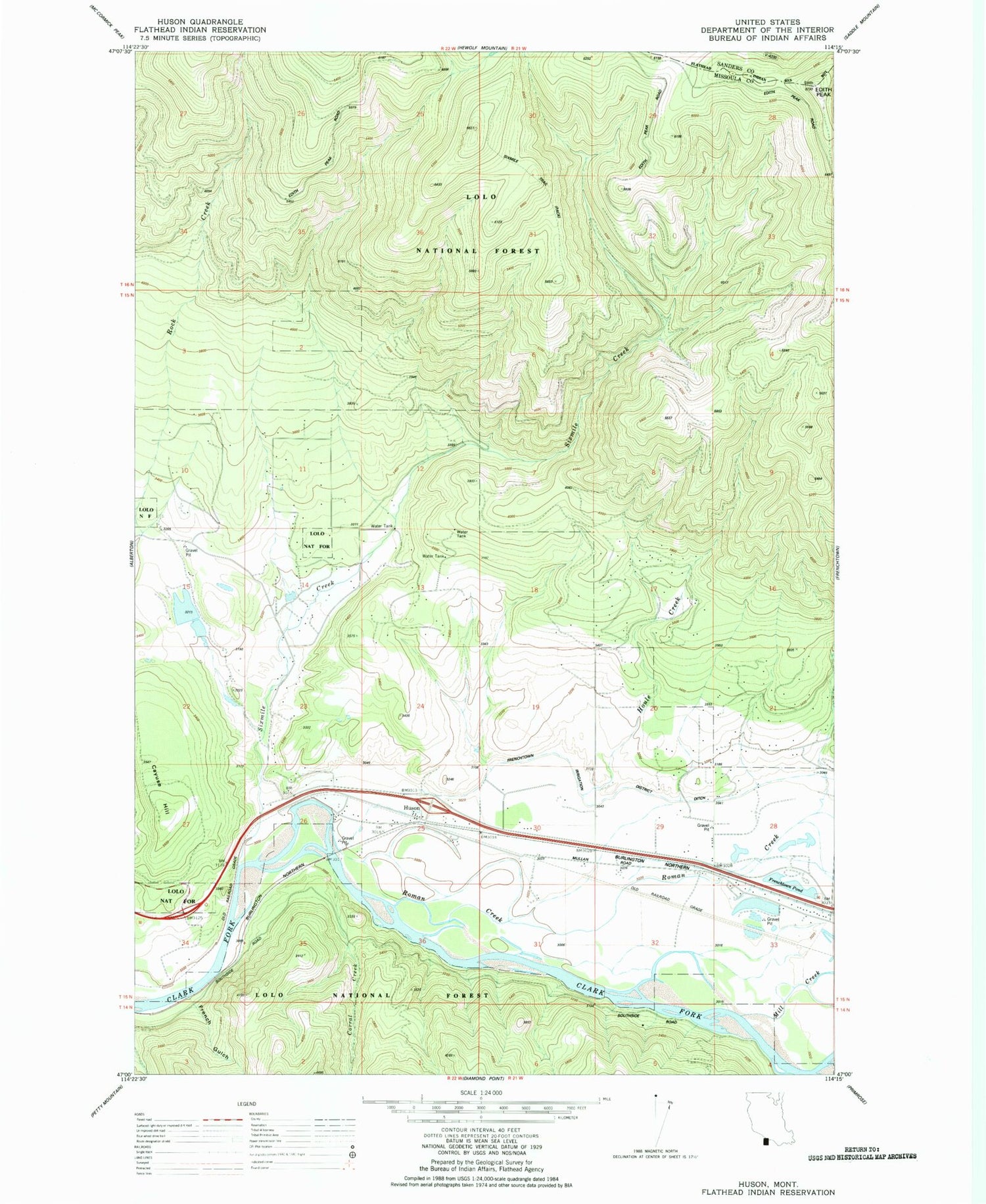 Classic USGS Huson Montana 7.5'x7.5' Topo Map Image