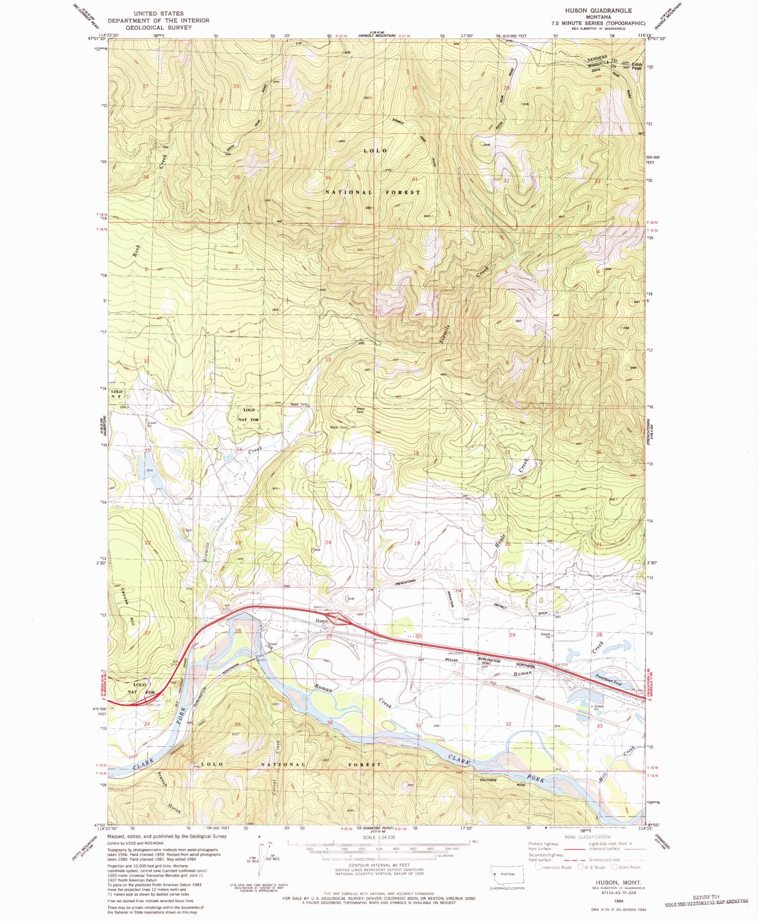 Classic USGS Huson Montana 7.5'x7.5' Topo Map Image