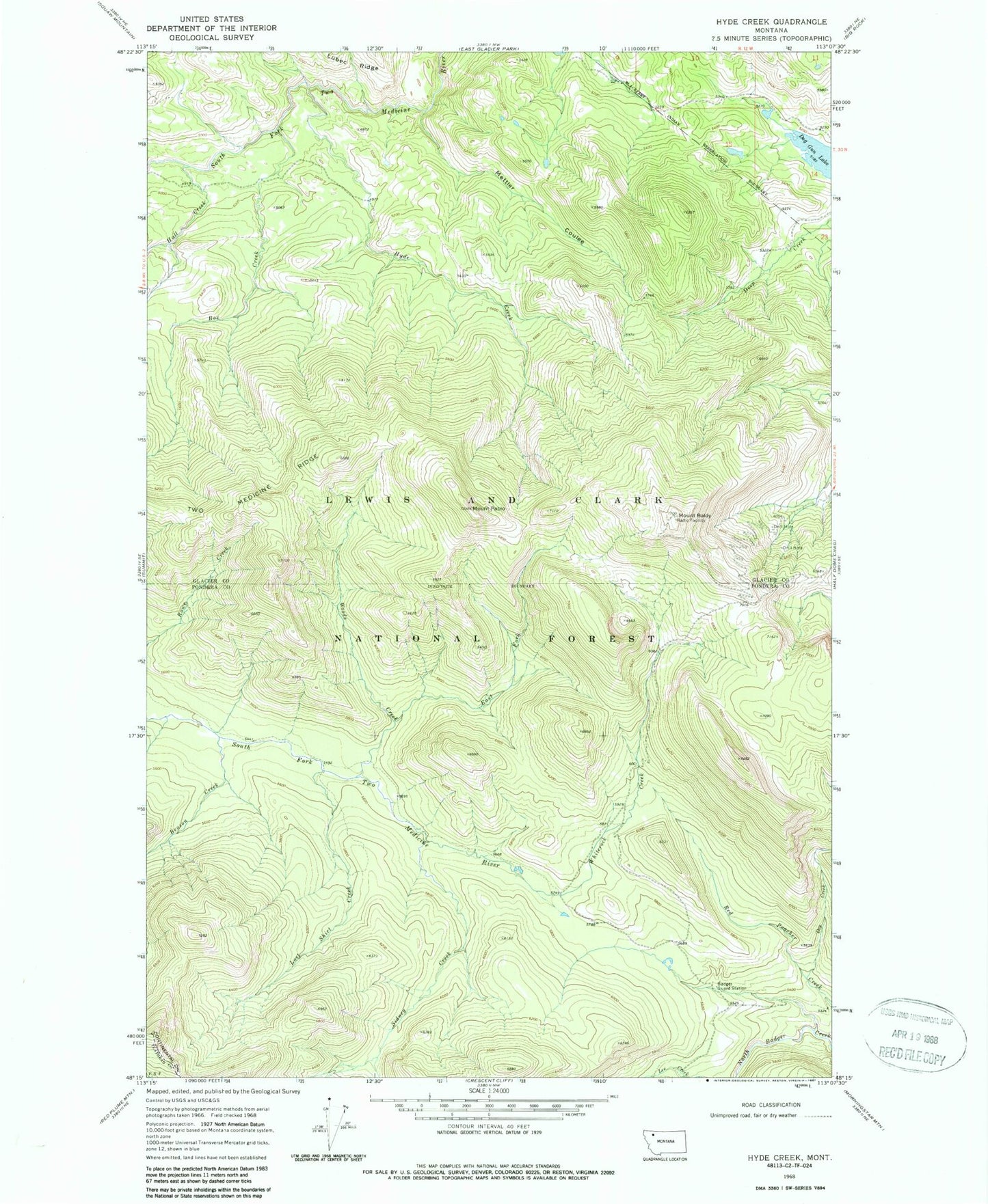 Classic USGS Hyde Creek Montana 7.5'x7.5' Topo Map Image