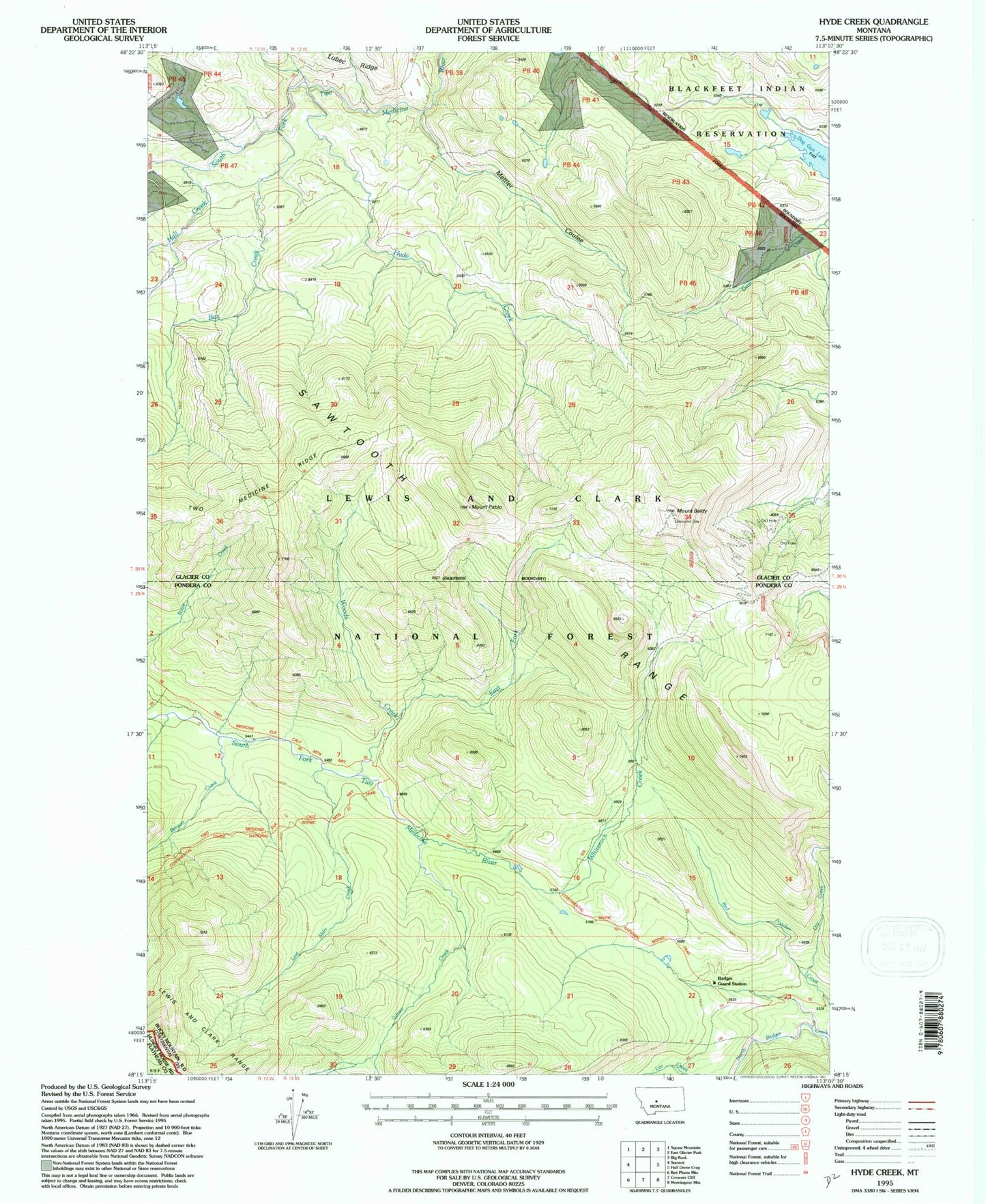 Classic USGS Hyde Creek Montana 7.5'x7.5' Topo Map Image