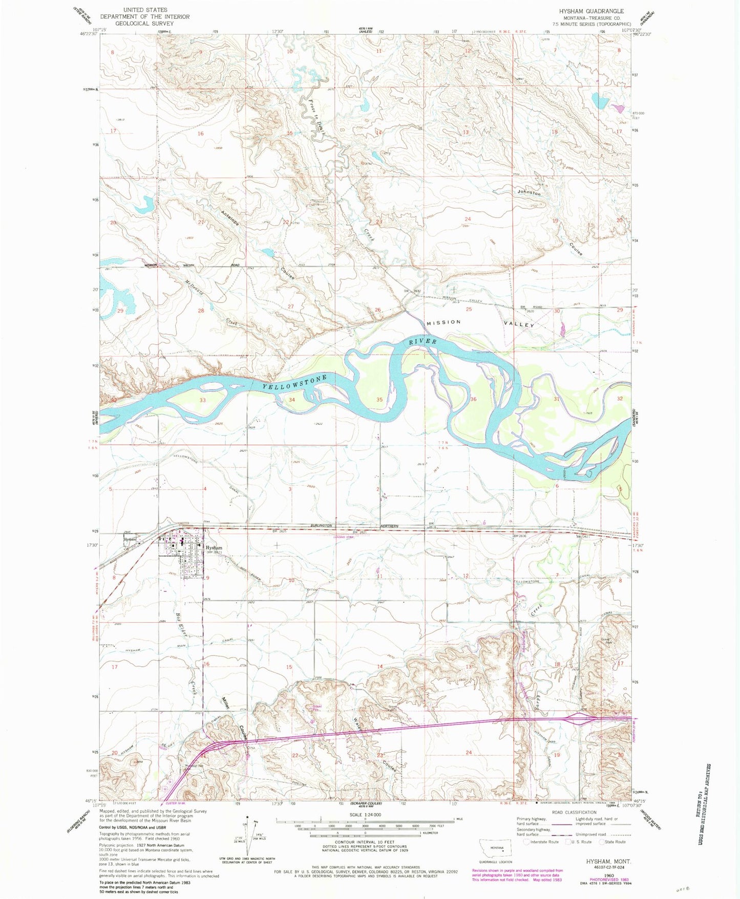 Classic USGS Hysham Montana 7.5'x7.5' Topo Map Image