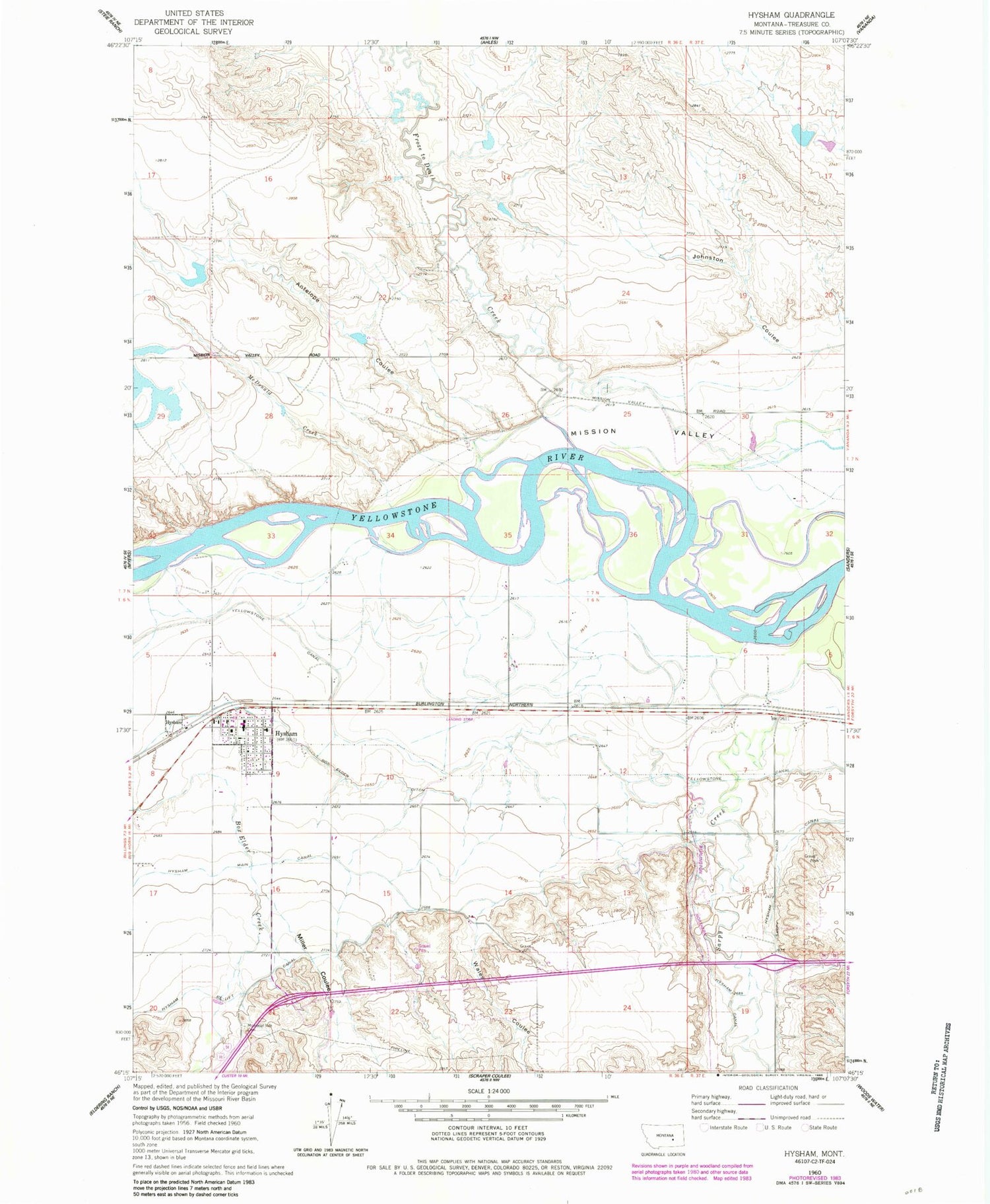 Classic USGS Hysham Montana 7.5'x7.5' Topo Map Image