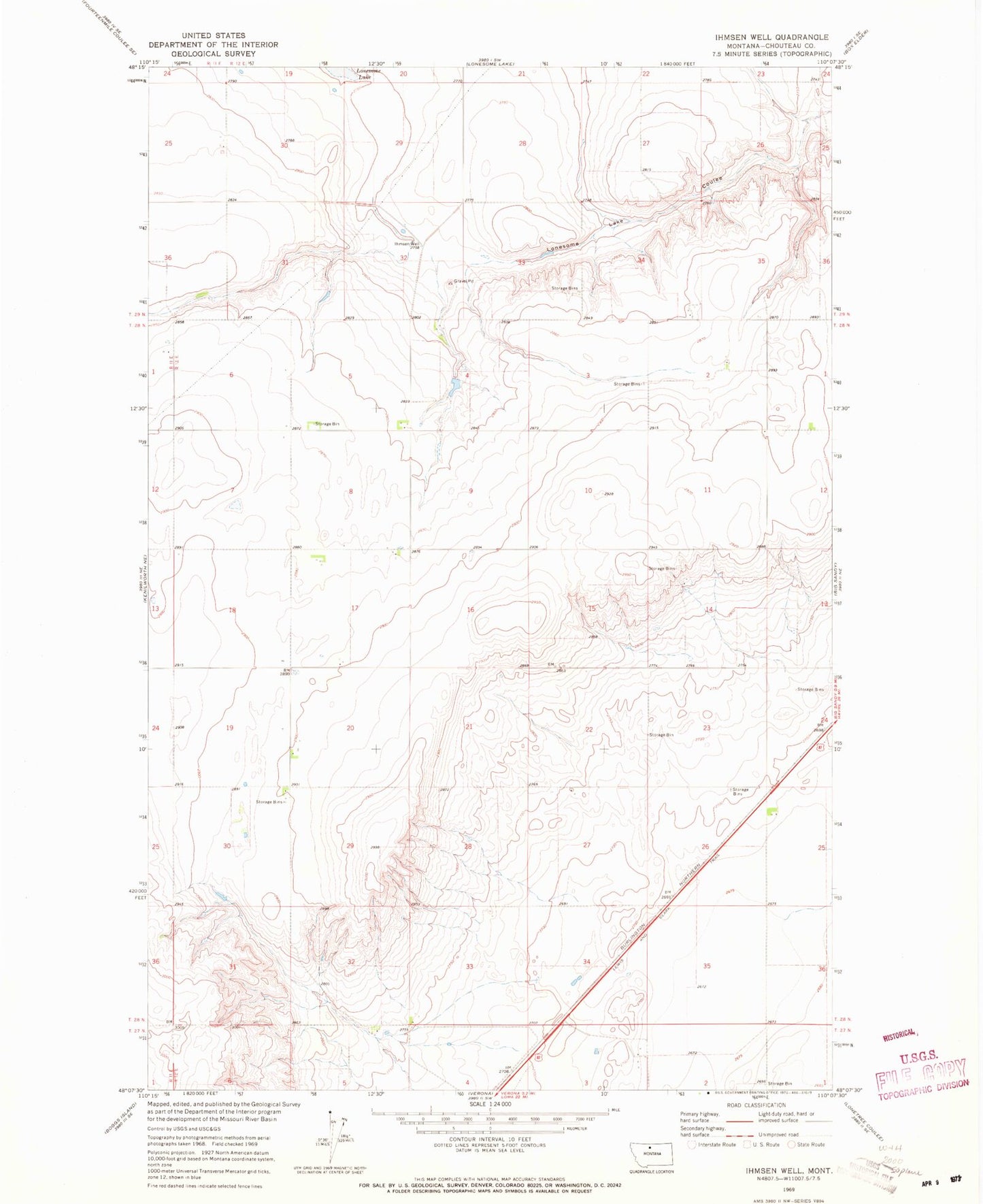 Classic USGS Ihmsen Well Montana 7.5'x7.5' Topo Map Image
