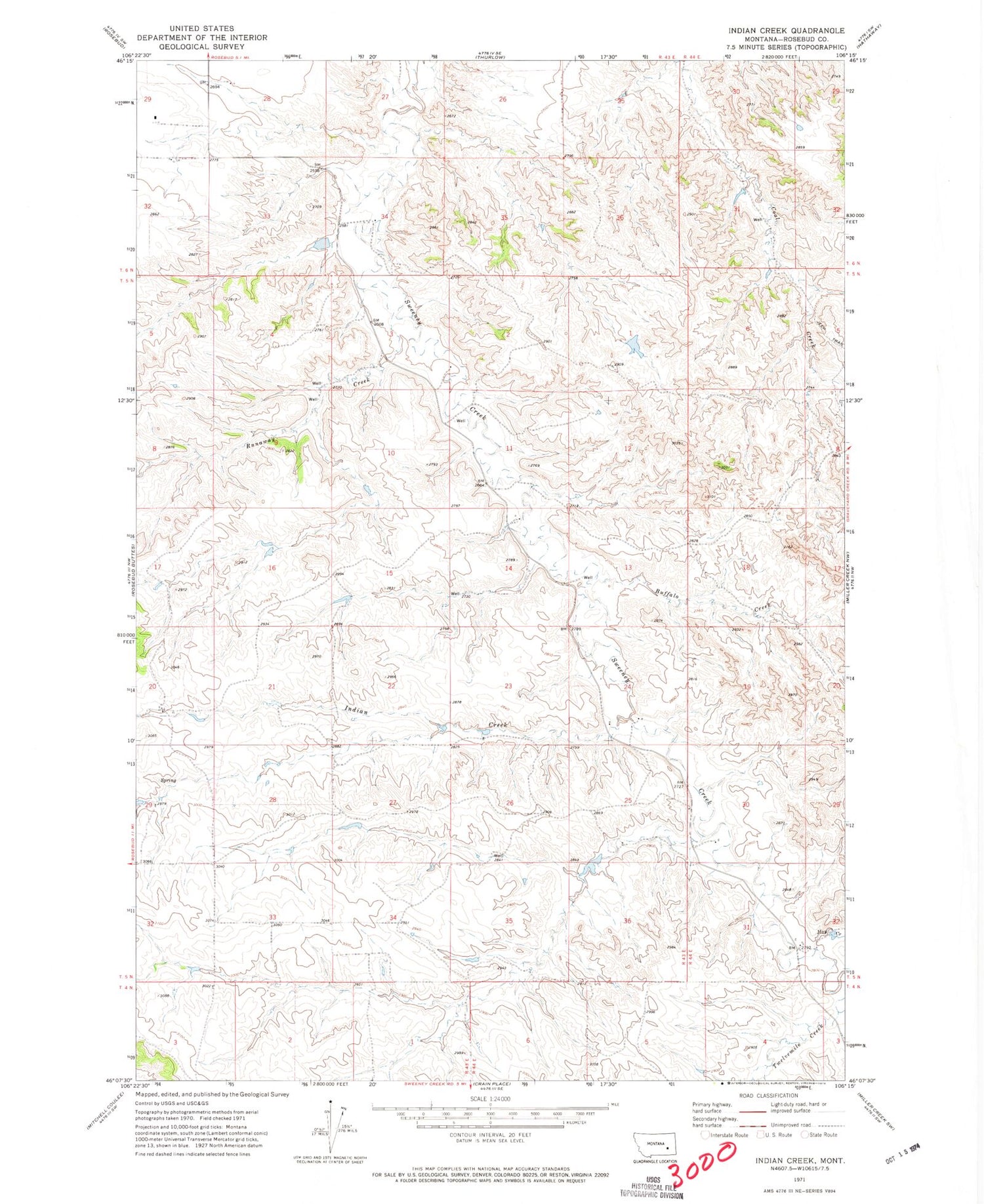 Classic USGS Indian Creek Montana 7.5'x7.5' Topo Map Image