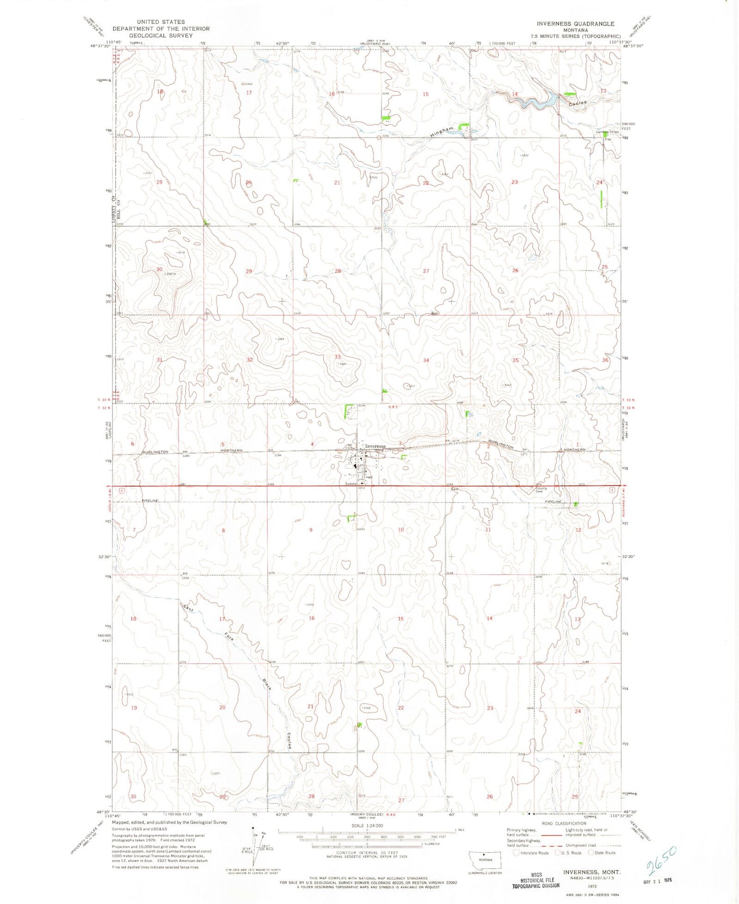 Classic USGS Inverness Montana 7.5'x7.5' Topo Map Image