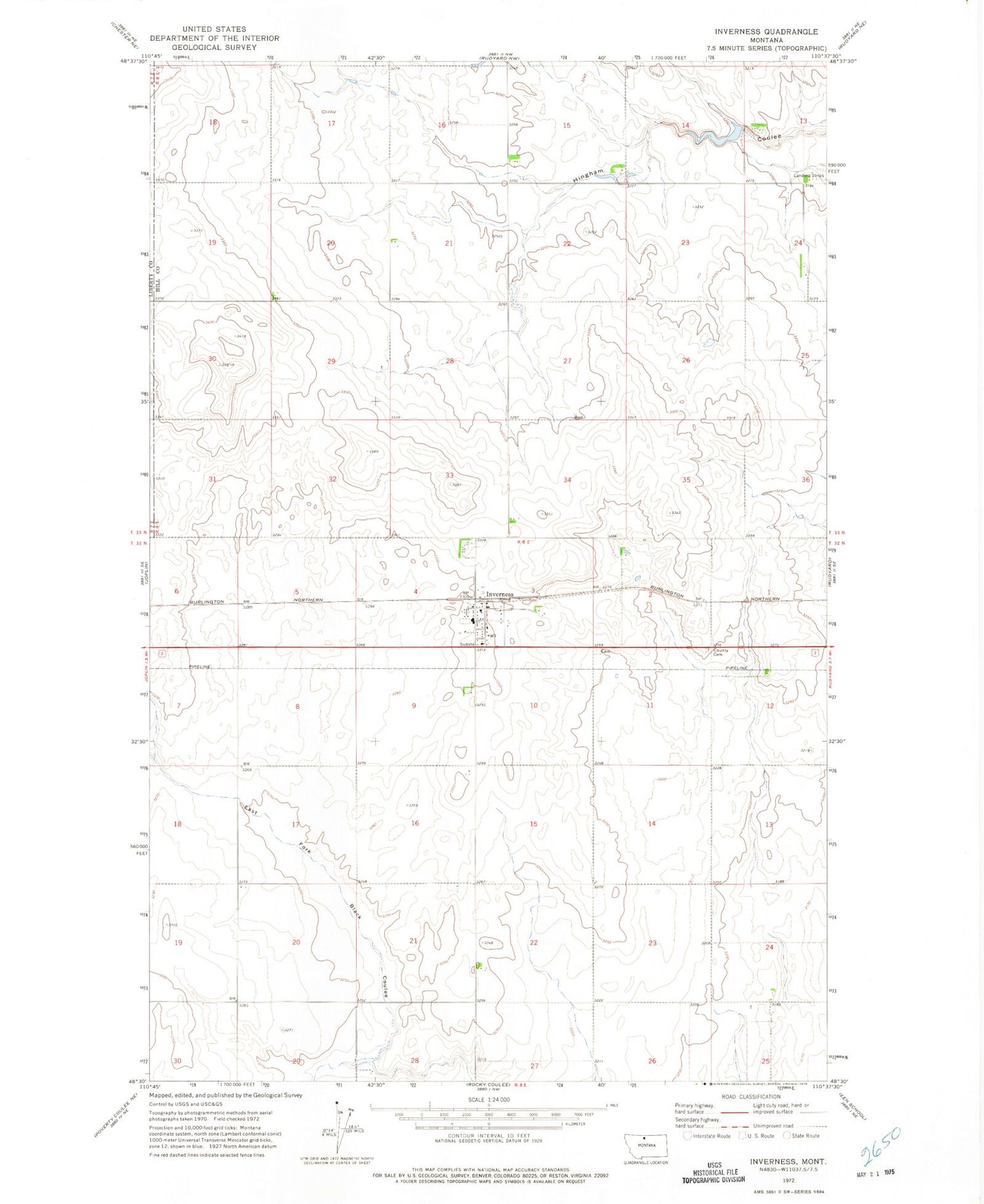Classic USGS Inverness Montana 7.5'x7.5' Topo Map Image