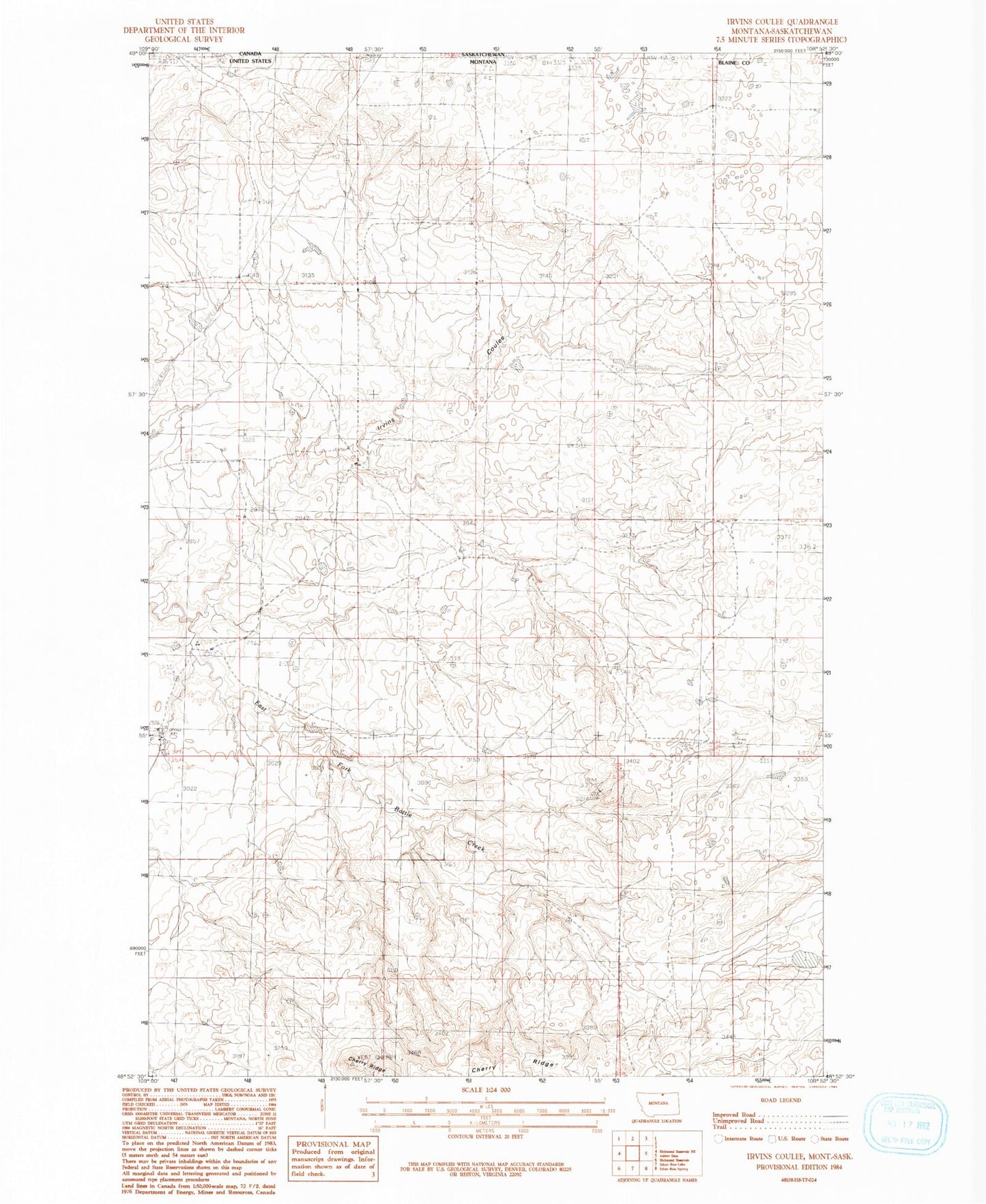 Classic USGS Irvins Coulee Montana 7.5'x7.5' Topo Map Image