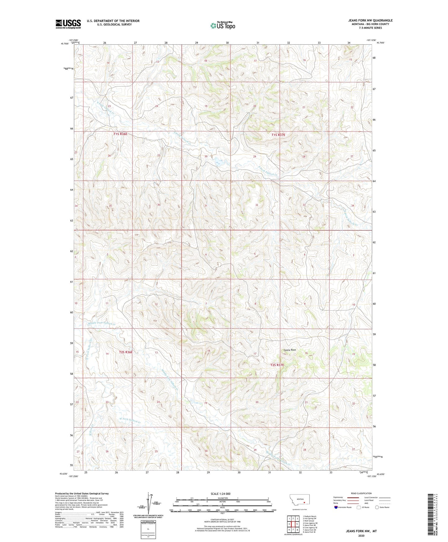 Jeans Fork NW Montana US Topo Map Image
