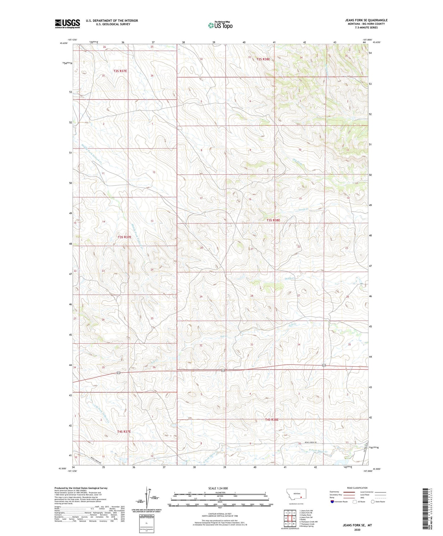 Jeans Fork SE Montana US Topo Map Image