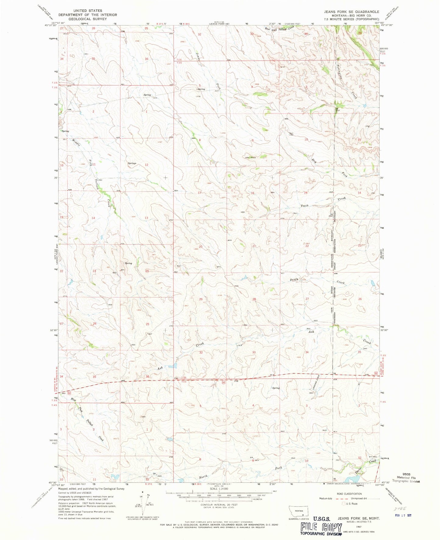 Classic USGS Jeans Fork SE Montana 7.5'x7.5' Topo Map Image