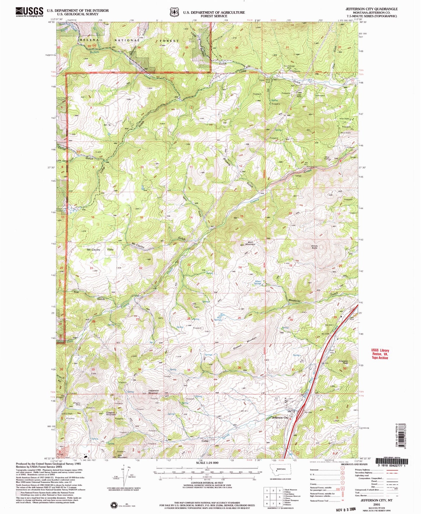 Classic USGS Jefferson City Montana 7.5'x7.5' Topo Map Image