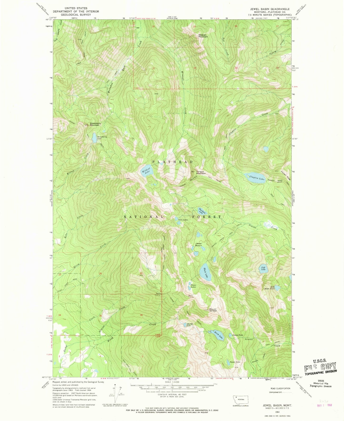 Classic USGS Jewel Basin Montana 7.5'x7.5' Topo Map Image