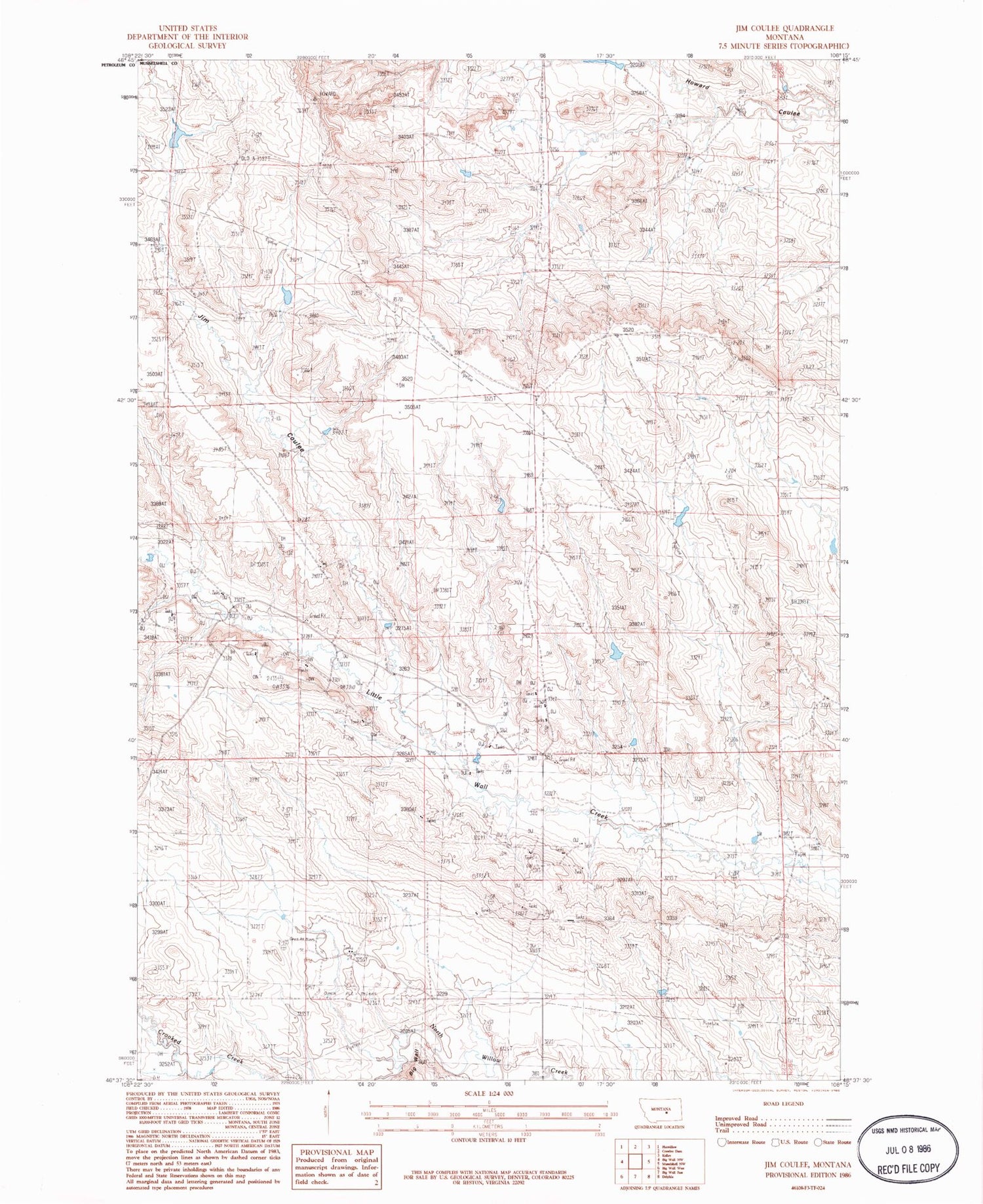 Classic USGS Jim Coulee Montana 7.5'x7.5' Topo Map Image