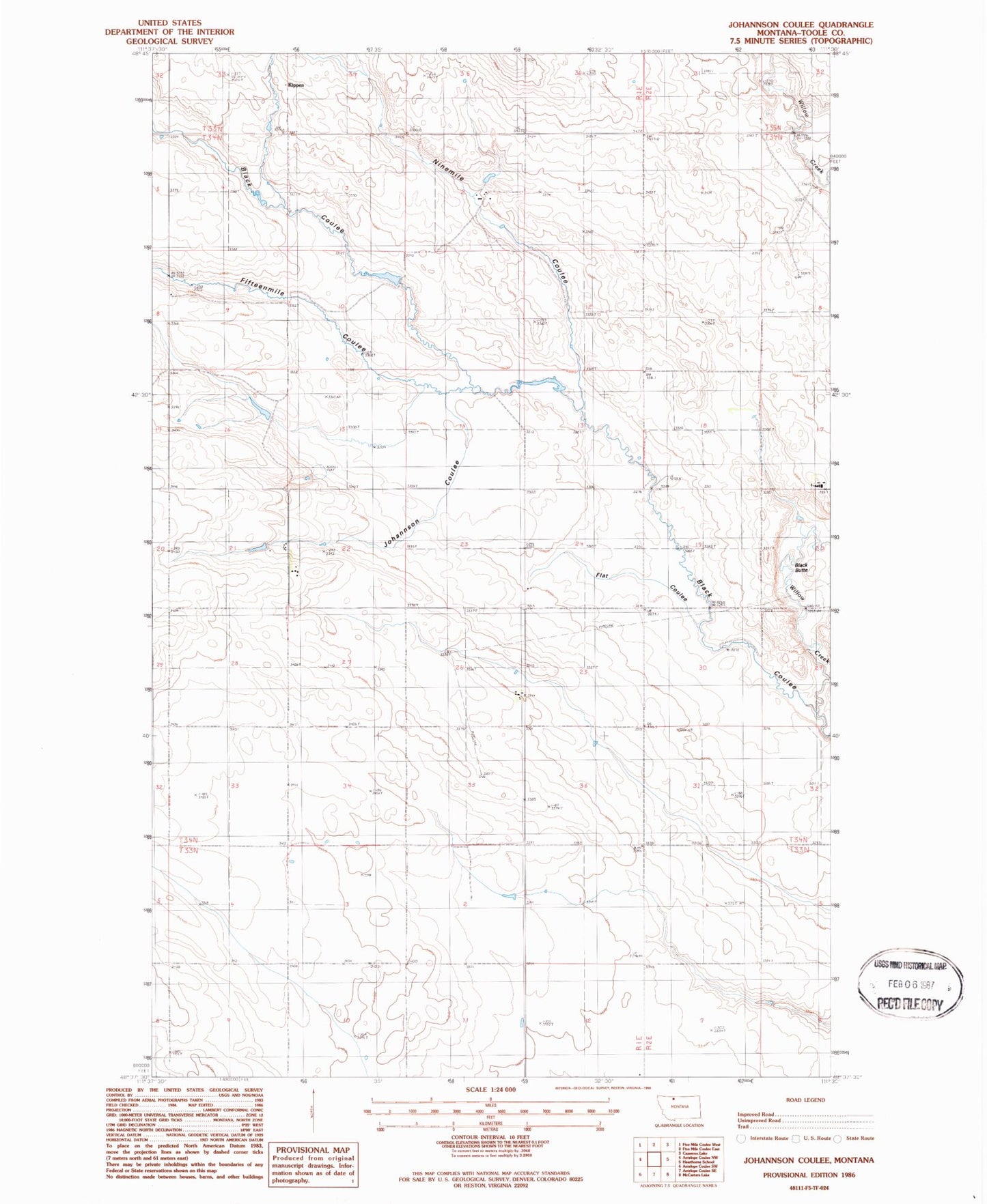 Classic USGS Johannson Coulee Montana 7.5'x7.5' Topo Map Image