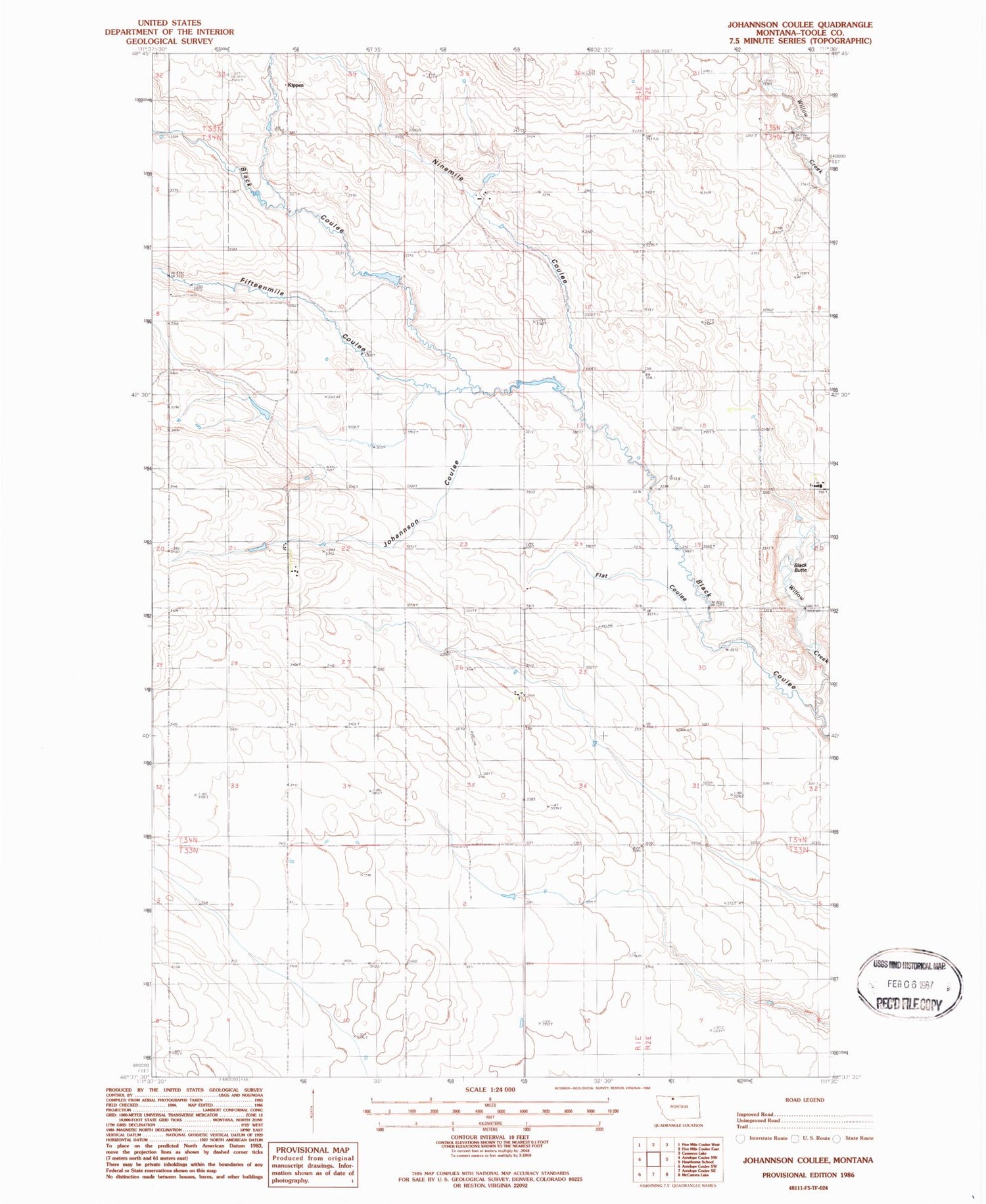 Classic USGS Johannson Coulee Montana 7.5'x7.5' Topo Map Image