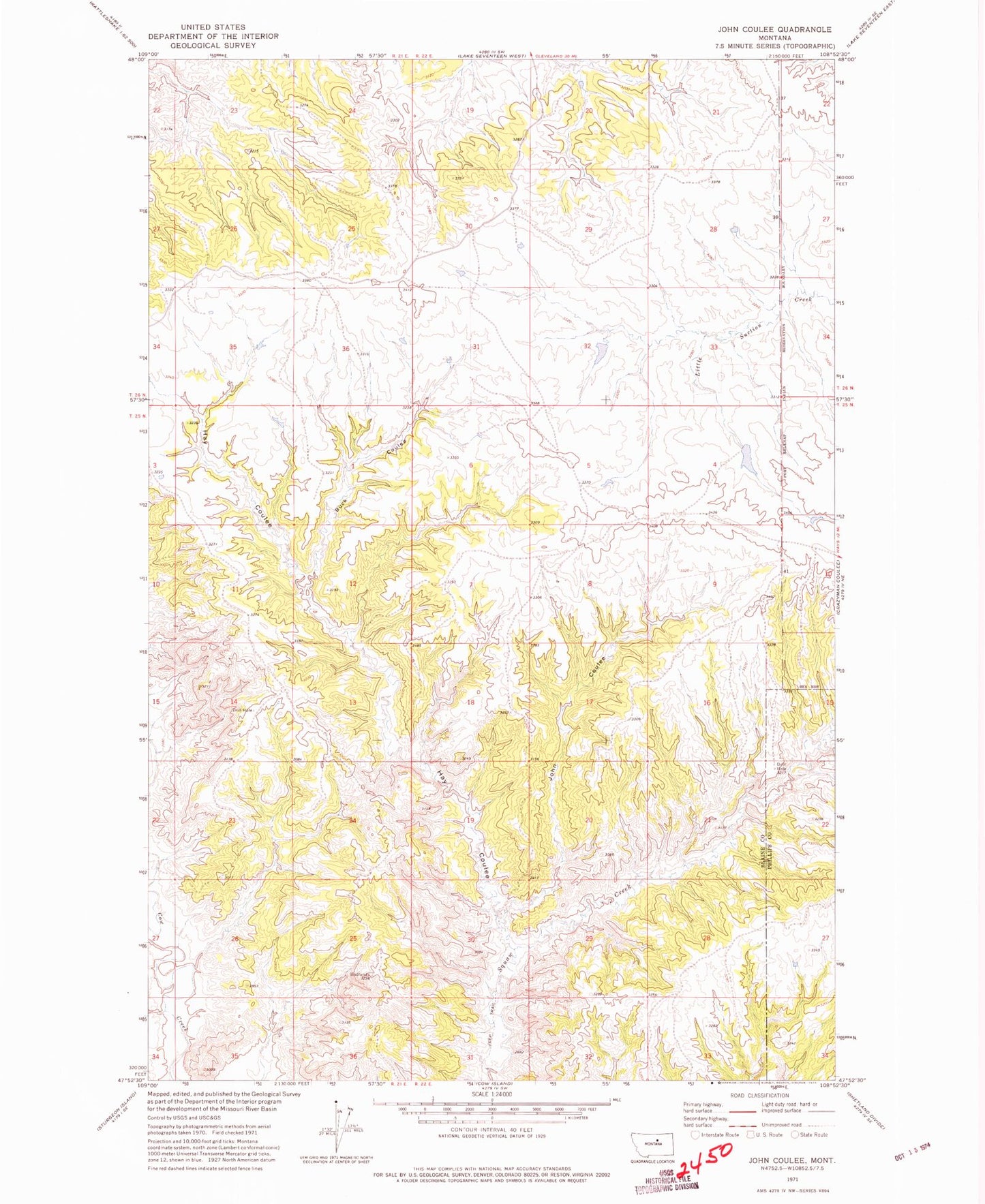 Classic USGS John Coulee Montana 7.5'x7.5' Topo Map Image