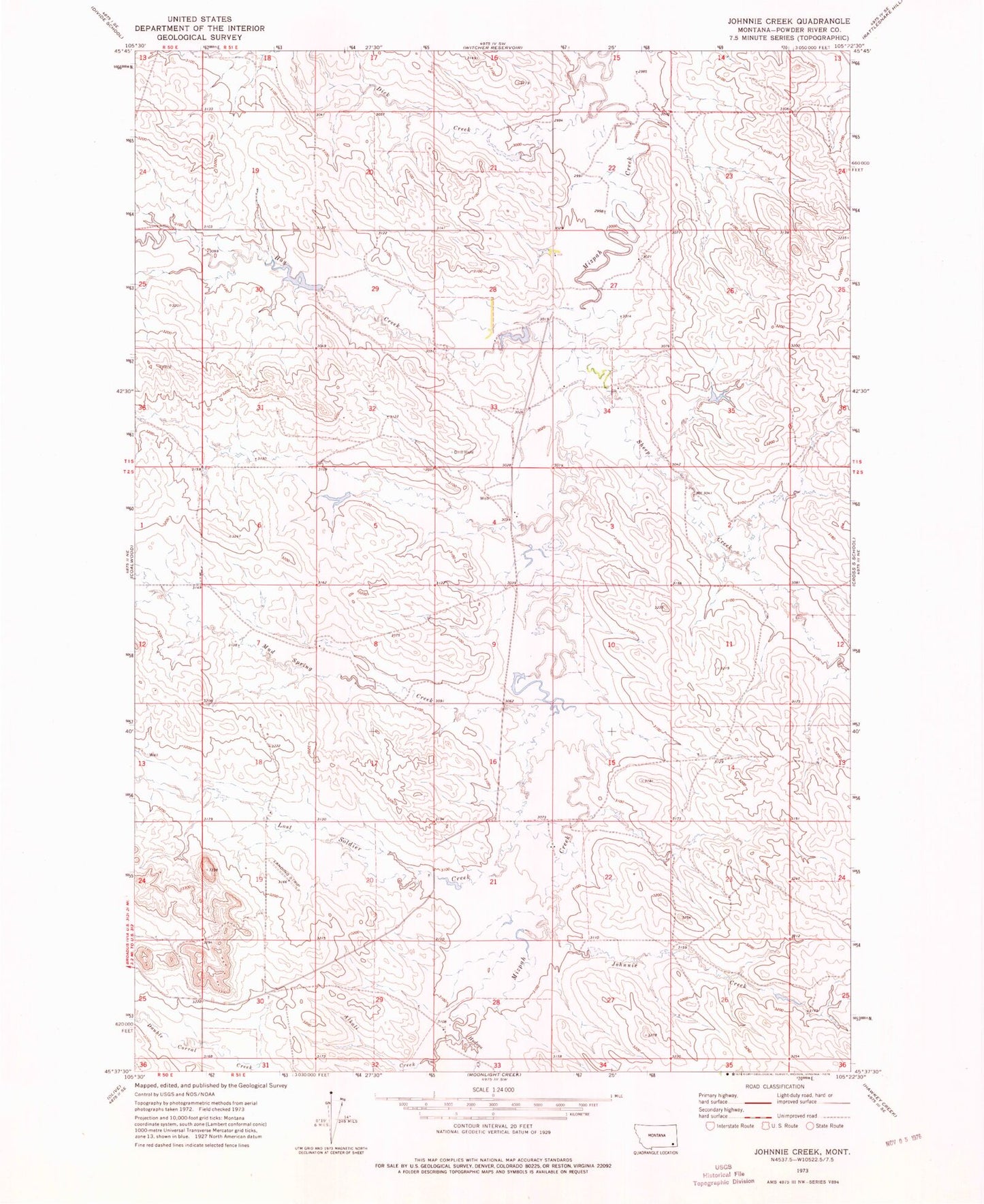 Classic USGS Johnnie Creek Montana 7.5'x7.5' Topo Map Image