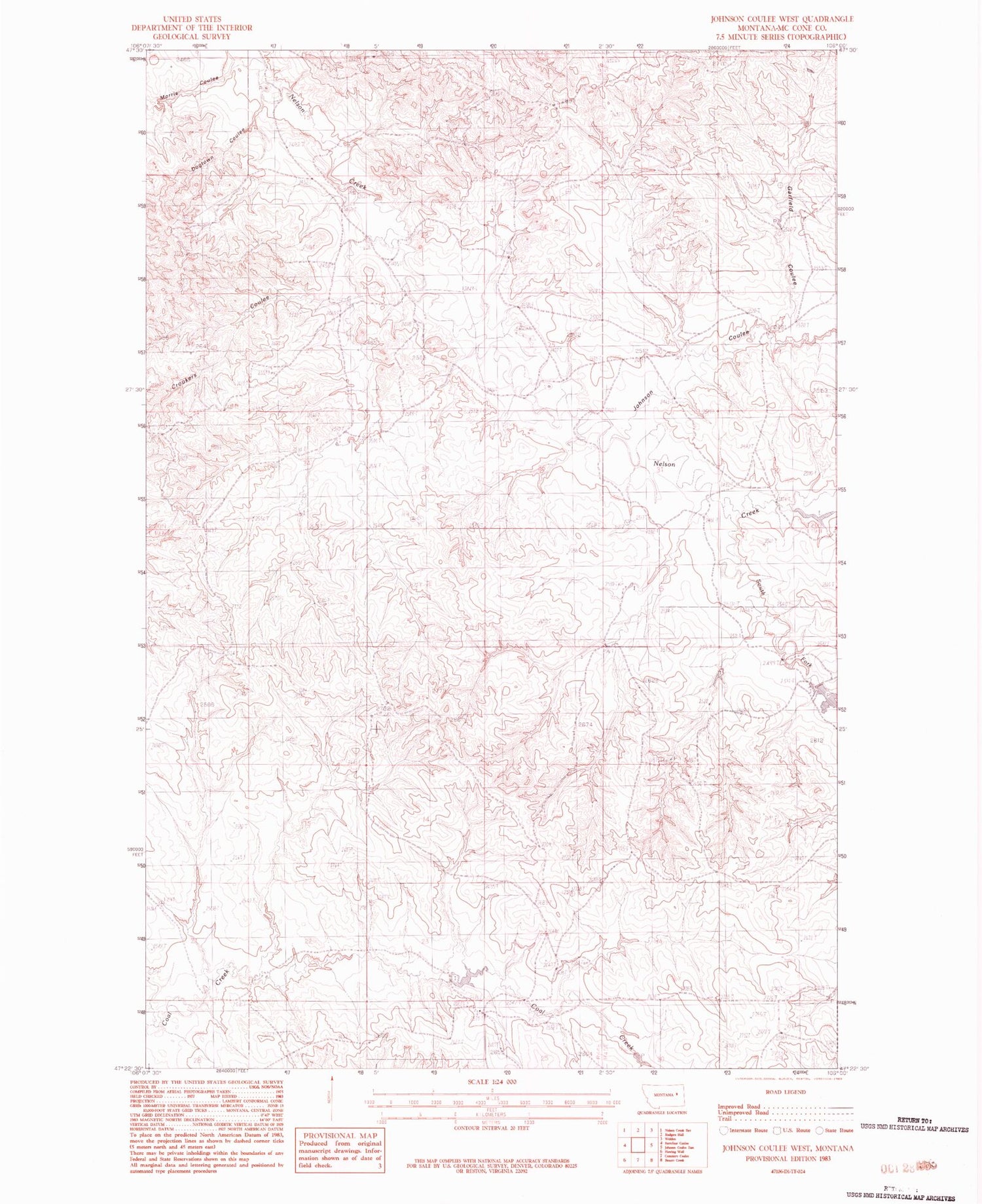 Classic USGS Johnson Coulee West Montana 7.5'x7.5' Topo Map Image