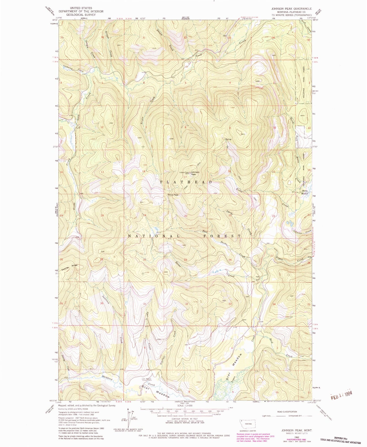 Classic USGS Johnson Peak Montana 7.5'x7.5' Topo Map Image