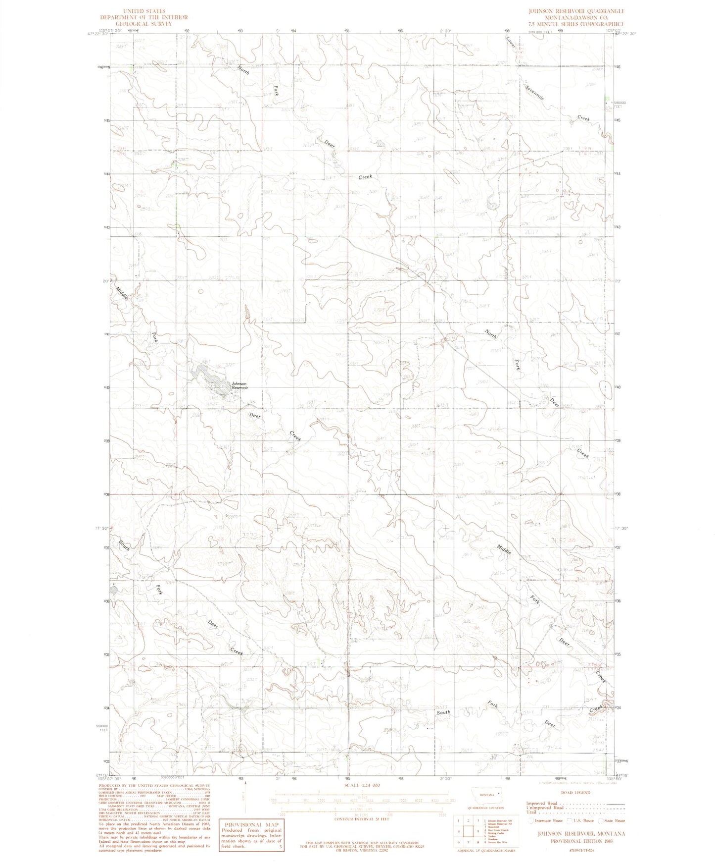 Classic USGS Johnson Reservoir Montana 7.5'x7.5' Topo Map Image