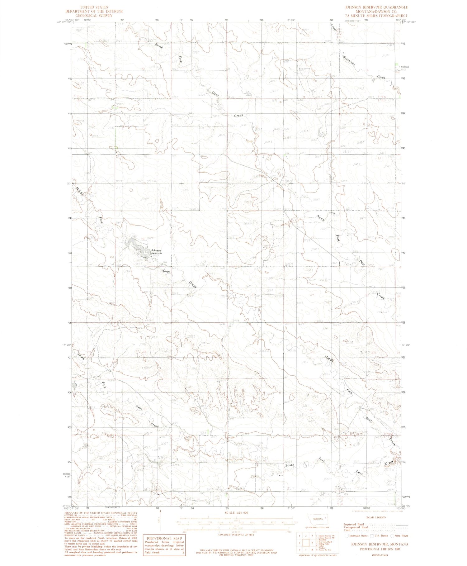Classic USGS Johnson Reservoir Montana 7.5'x7.5' Topo Map Image