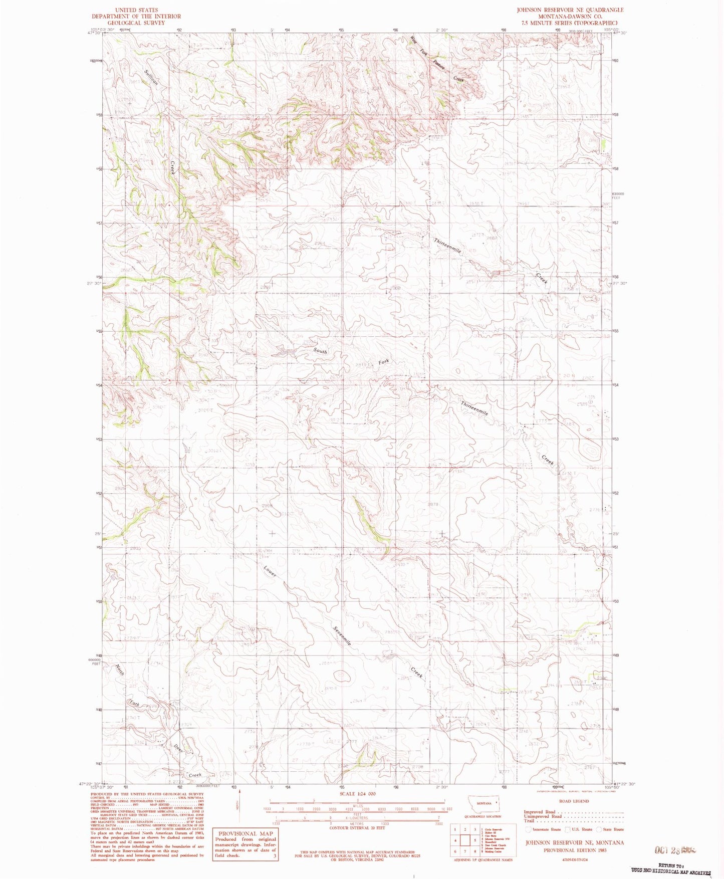 Classic USGS Johnson Reservoir NE Montana 7.5'x7.5' Topo Map Image
